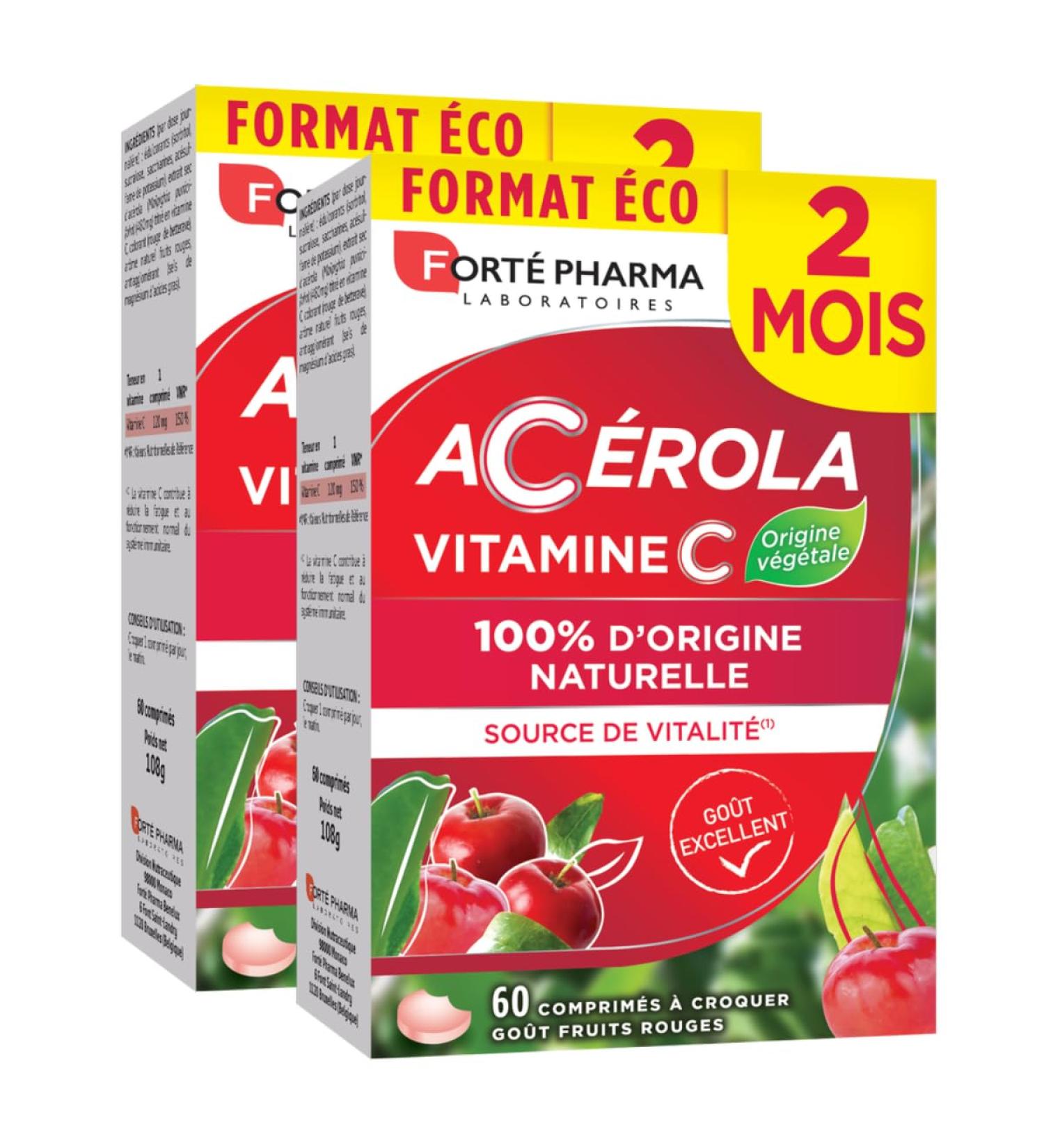Fort Pharma - Acerola - Vitamine C Naturelle Croquer - Compl ment Alimentaire Vitalit - Anti fatigue Syst me immunitaire renforc - 2x2 mois - 120 comprim s 1/jour - go t fruits rouges Ac rola Vitamine C croquer 4 mois - Buy Online on GoSupps.com