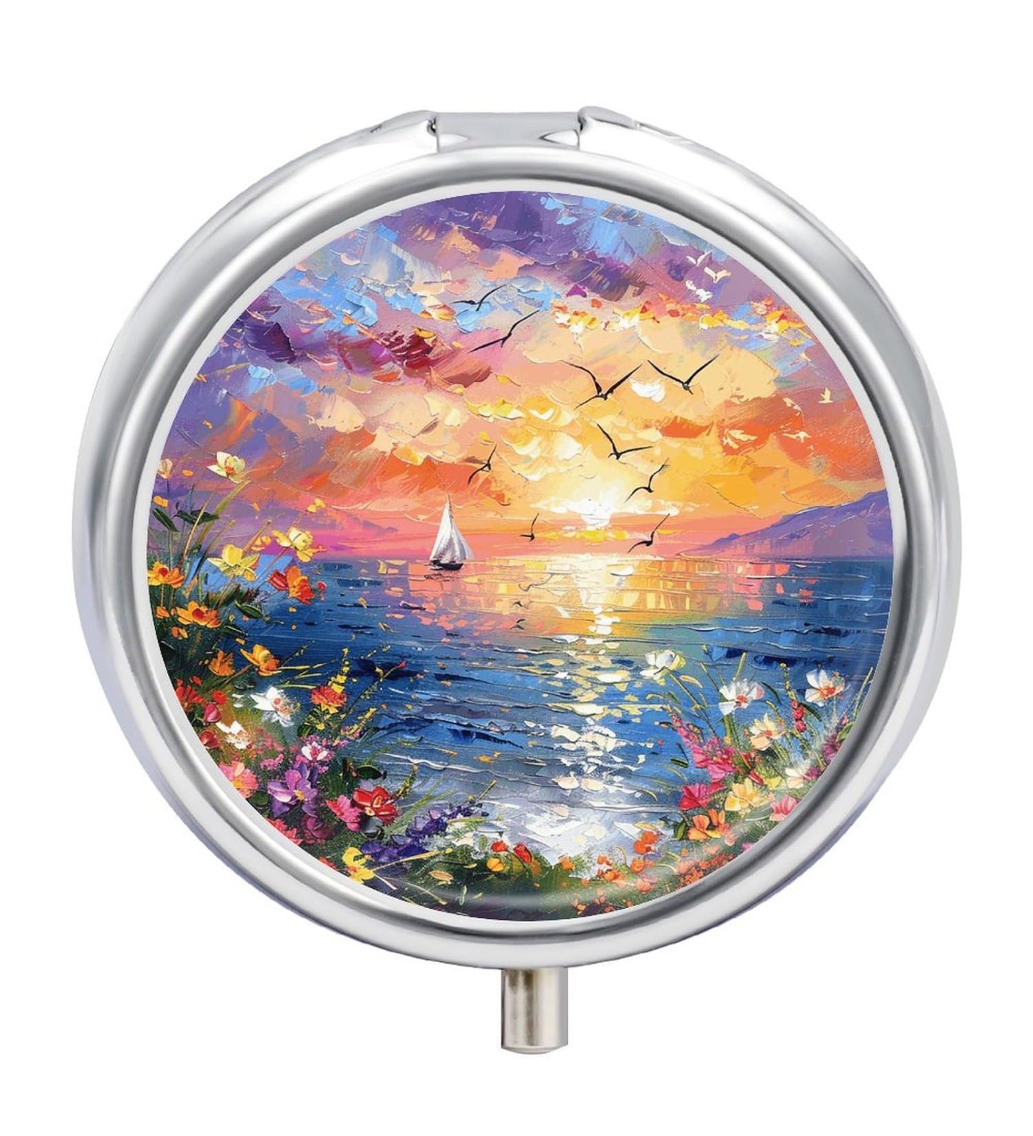 Portable 3 Compartment Pill Box - Sunset & Sea View | Travel Medicine Organizer for Purse & Pocket - Buy Online on GoSupps.com