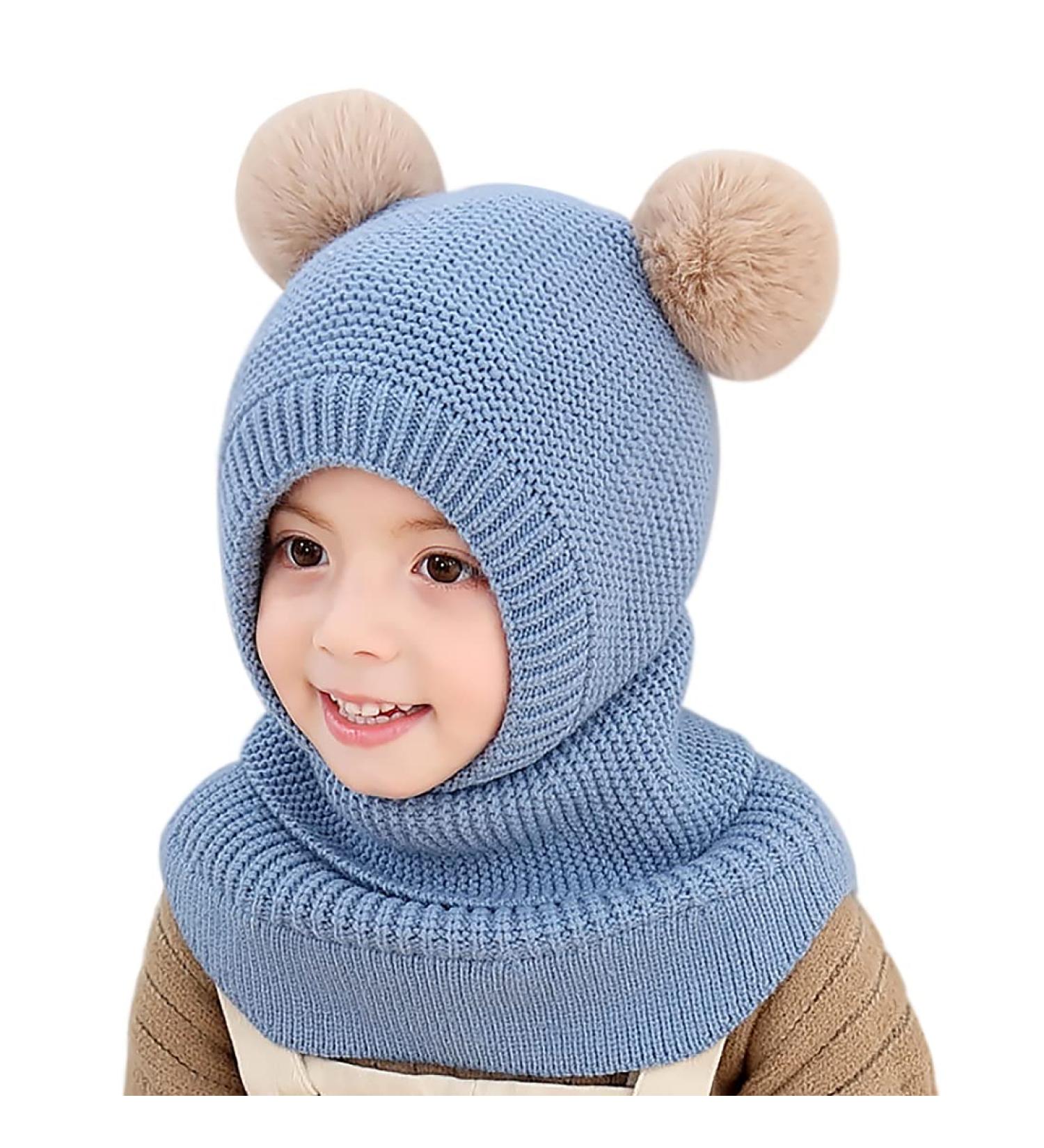 Kids Winter Warm Knitted Hood Hat with Double Pom Pom Design - Blue | Fleece Lined Earflap Beanie Cap for Toddlers Boys Girls 1-3 Years - Buy Online on GoSupps.com