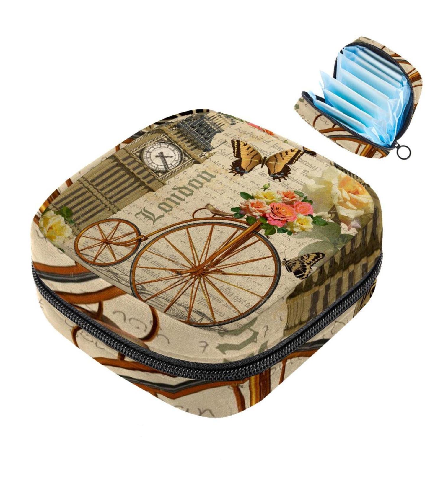 Vintage London Big Ben Bicycle Roses Binding Storage Bag - Portable Period Bag for Women & Teens - Menstrual Cup Pocket & Silent Insert Holder - Buy Online on GoSupps.com