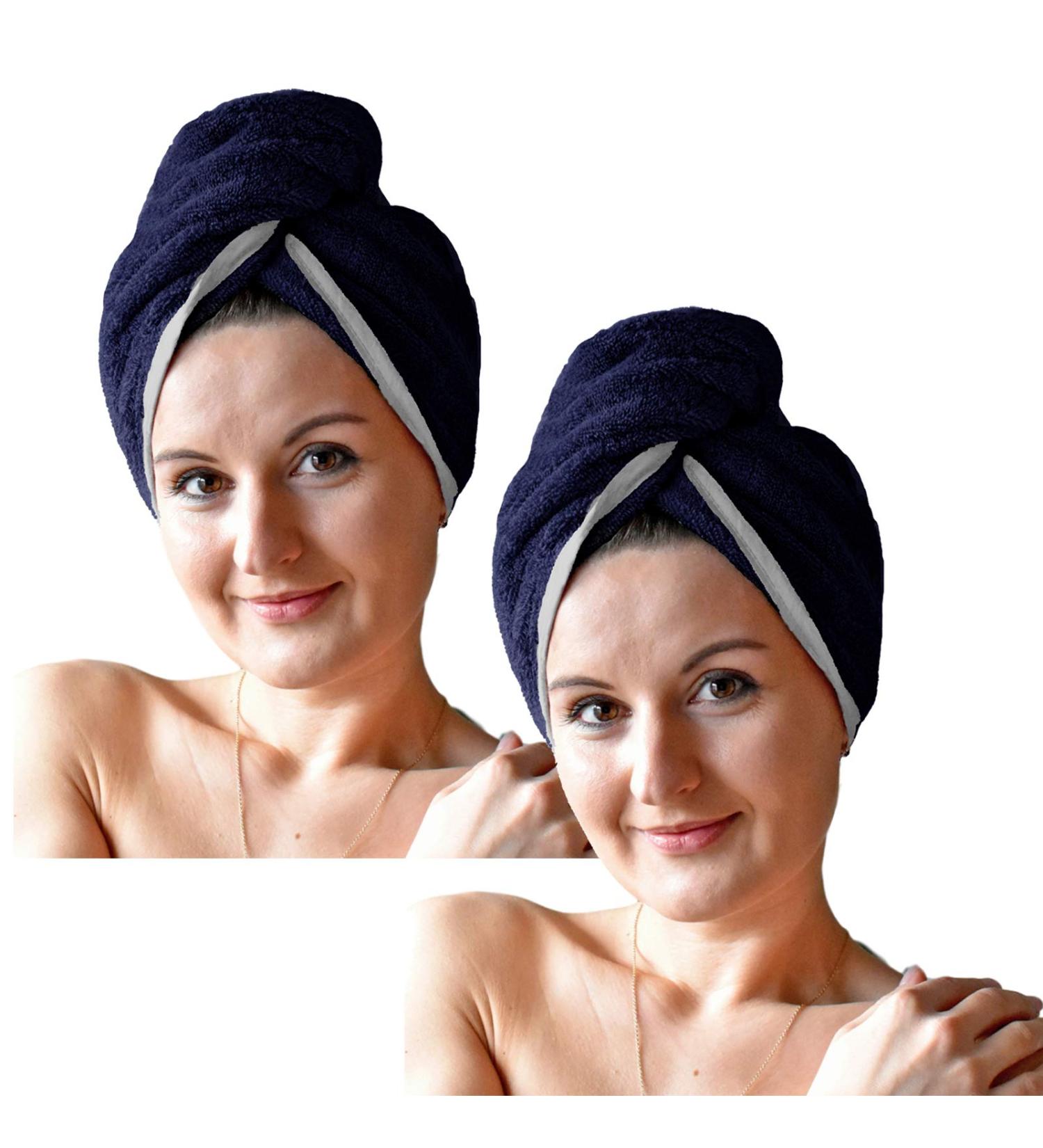 Homelevel 2x Terry Hair Turban with Button - Quick Drying 100% Cotton Head Towel - Dark Blue & Light Gray Hair Towels - 2 Pack for Effortless Styling - Buy Online on GoSupps.com