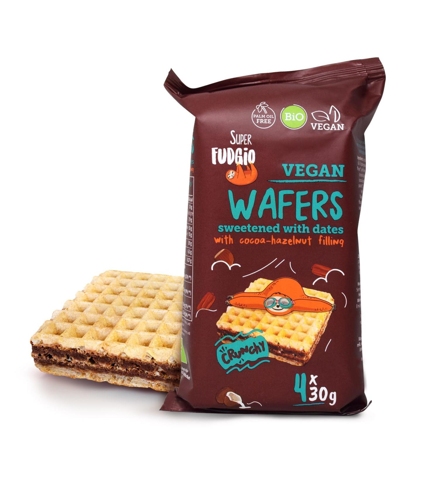  SUPER FUDGiO SUPER FUDGiO Organic Waffles with Cocoa Hazelnut Cream | Sweetened with Dates Instead of Sugar | Palm Oil Free | Vegan Snack 4 x 30g (120g (1 Pack) - Buy Online on GoSupps.com