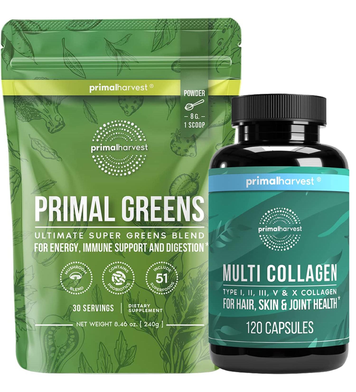 Primal Harvest Super Greens & Multi Collagen Capsules Supplements for Women and Men - Superfood Greens Powder and Multi Collagen Peptides Capsules for Hair Skin and Nails Bundle - Buy Online on GoSupps.com