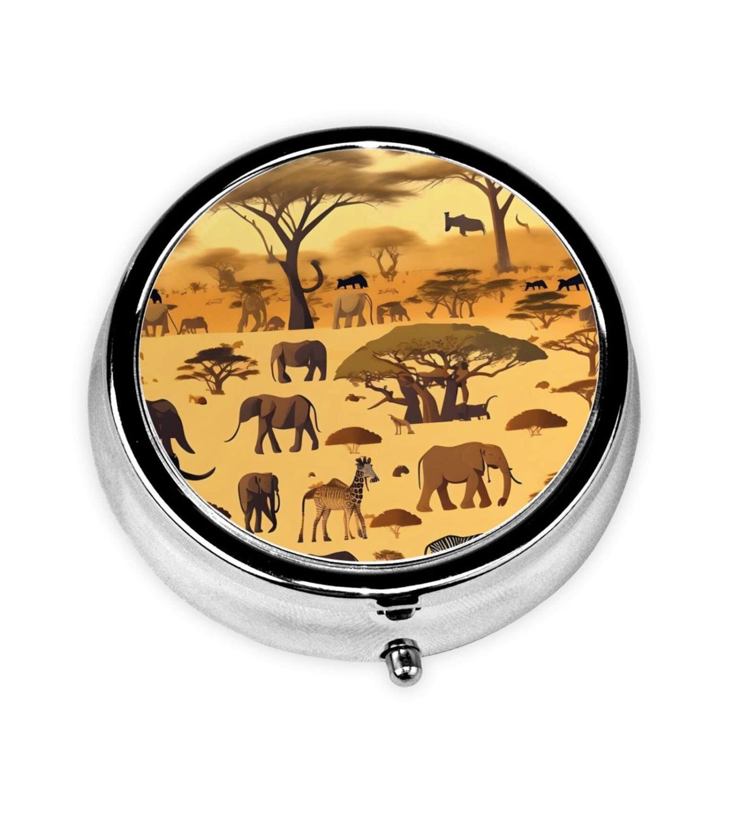 Shop African Grassland Animals Round Pill Box - 3 Compartment Organizer for Travel & Purse | Portable Pill Storage - Buy Online on GoSupps.com