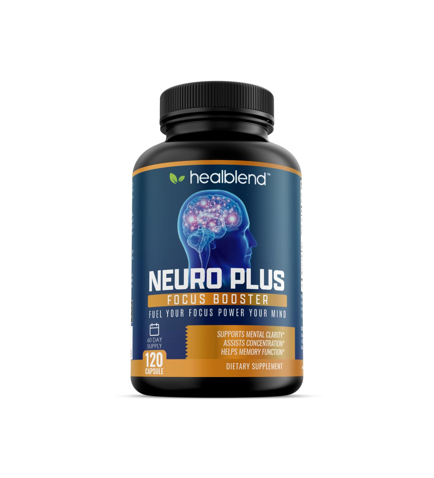 healblend Neuro Plus Focus Booster - Advanced Brain Support Supplement with Vitamin B6 B12 Folate - Improves Memory Concentration Mental Clarity & Cognitive Function 120 Capsules - Buy Online on GoSupps.com