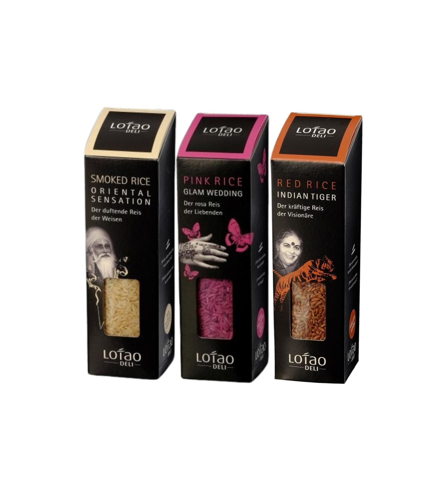 Buy Colorful Lotao Deli Reis Set I - 3x300g Organic Rice Varieties | High Quality Pinker Langkorn Red Natural Tiger Umbra Smoked Basmati Mix for International Shipping - Buy Online on GoSupps.com