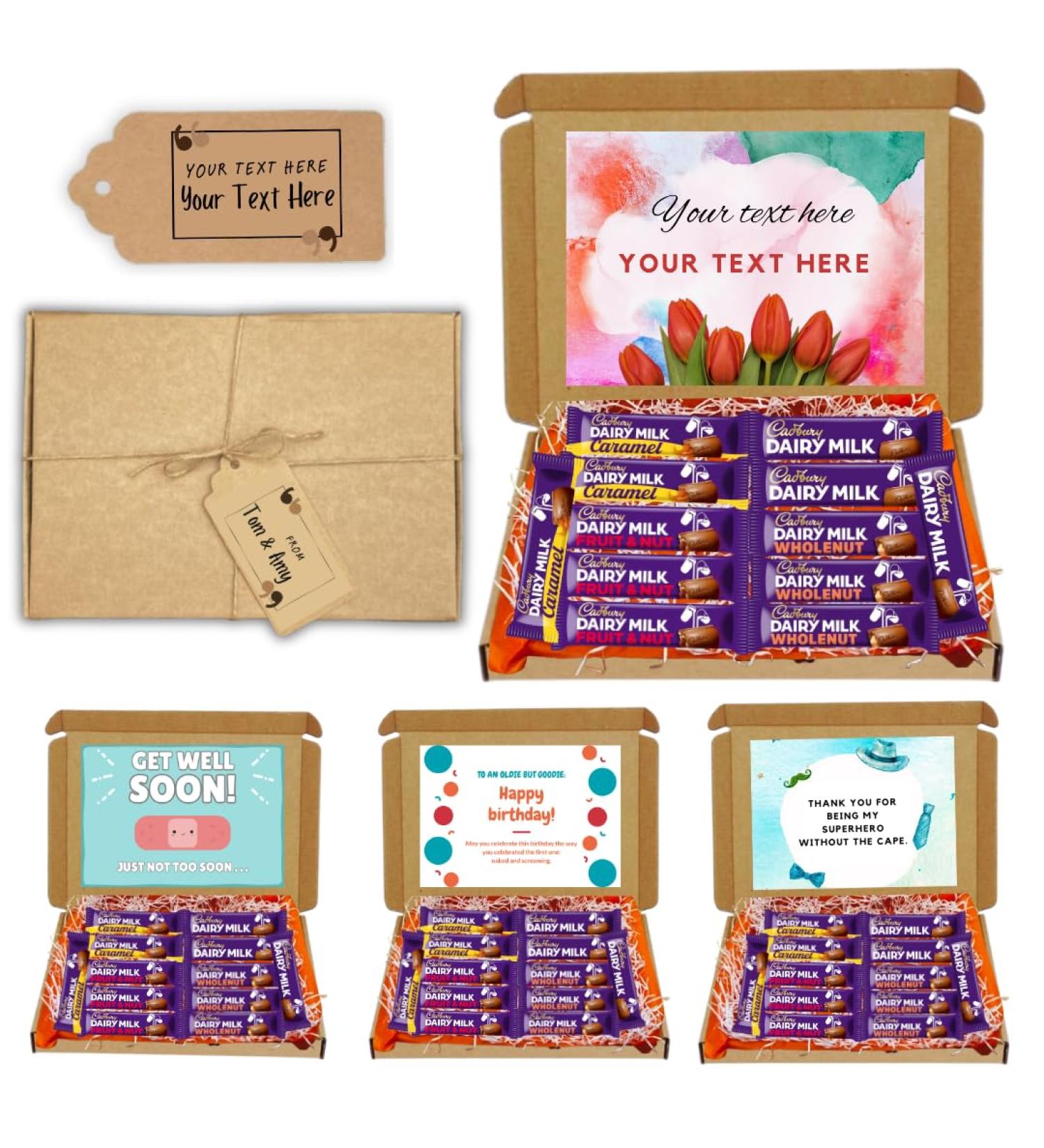 Personalised Cadbury Dairy Milk chocolates hamper gift for everyone for all occasions in unique presentation - Birthday anniversary get well thank you gift - comes with your own meaningful message - Buy Online on GoSupps.com