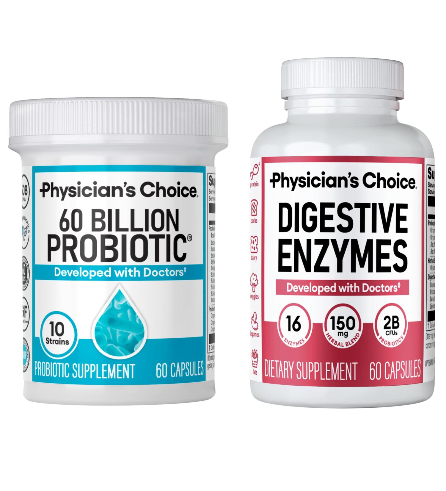 Physician's CHOICE - Optimal Gut Health Bundle: 60 Billion Probiotics 60ct + Digestive Enzymes for Digestive Comfort and Immune Support - Buy Online on GoSupps.com
