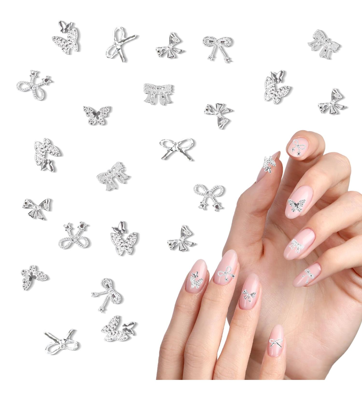 Butterfly Nair Charms - 40PCs Alloy Nail Art Decorations | 7 Styles 3D Bow Gemstones | Silver Nail Drill Accessories - Buy Online on GoSupps.com