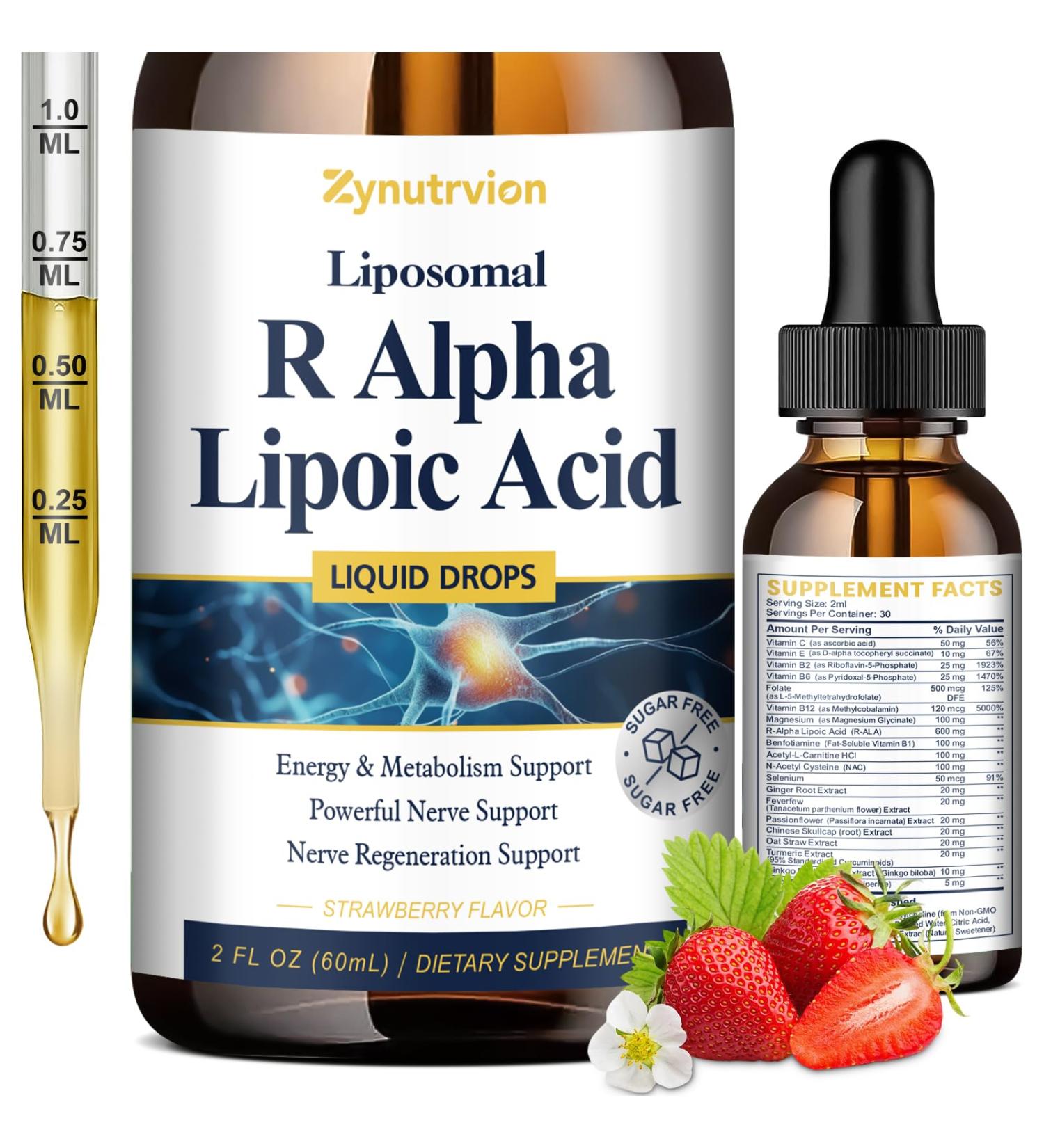 Liposomal Alpha Lipoic Acid Liquid Drops R-Alpha Lipoic Acid 600mg Supplement with Benfotiamine L-Carnitine NAC & Vitamins for Nervous Health Energy & Metabolic Support Strawberry Flavor 2 Fl Oz - Buy Online on GoSupps.com