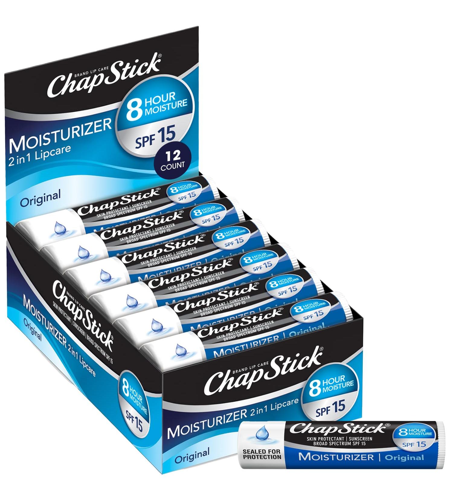 ChapStick Moisturizer 2-in-1 Lipcare SPF 15 Original 12-Pack 8-Hour Sunscreen Lip Balm with Aloe Vera and Vitamin E 0.15 Oz Ea Original 12 Count (1.8 Ounce) - Buy Online on GoSupps.com