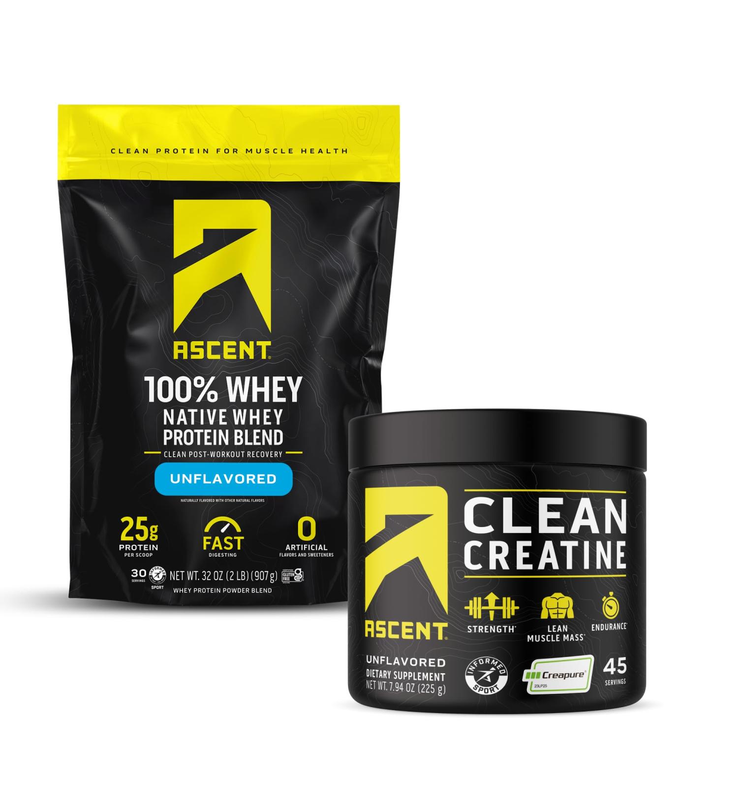 Ascent 100% Whey Protein Powder, Unflavored 2 lb & Creatine Monohydrate Powder, Unflavored 45 Servings - Buy Online on GoSupps.com