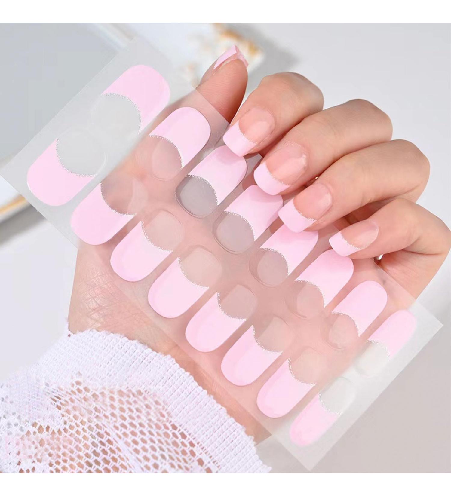Pink French Tip Short Gels Semi Nail Strips Stickers Cured Gel Nails Wraps with Lamp Starter Kit Upgraded 16 Pieces Glossy Soft Self-Adhesive Salon-Quality Uv/LED Lamp Required - Buy Online on GoSupps.com