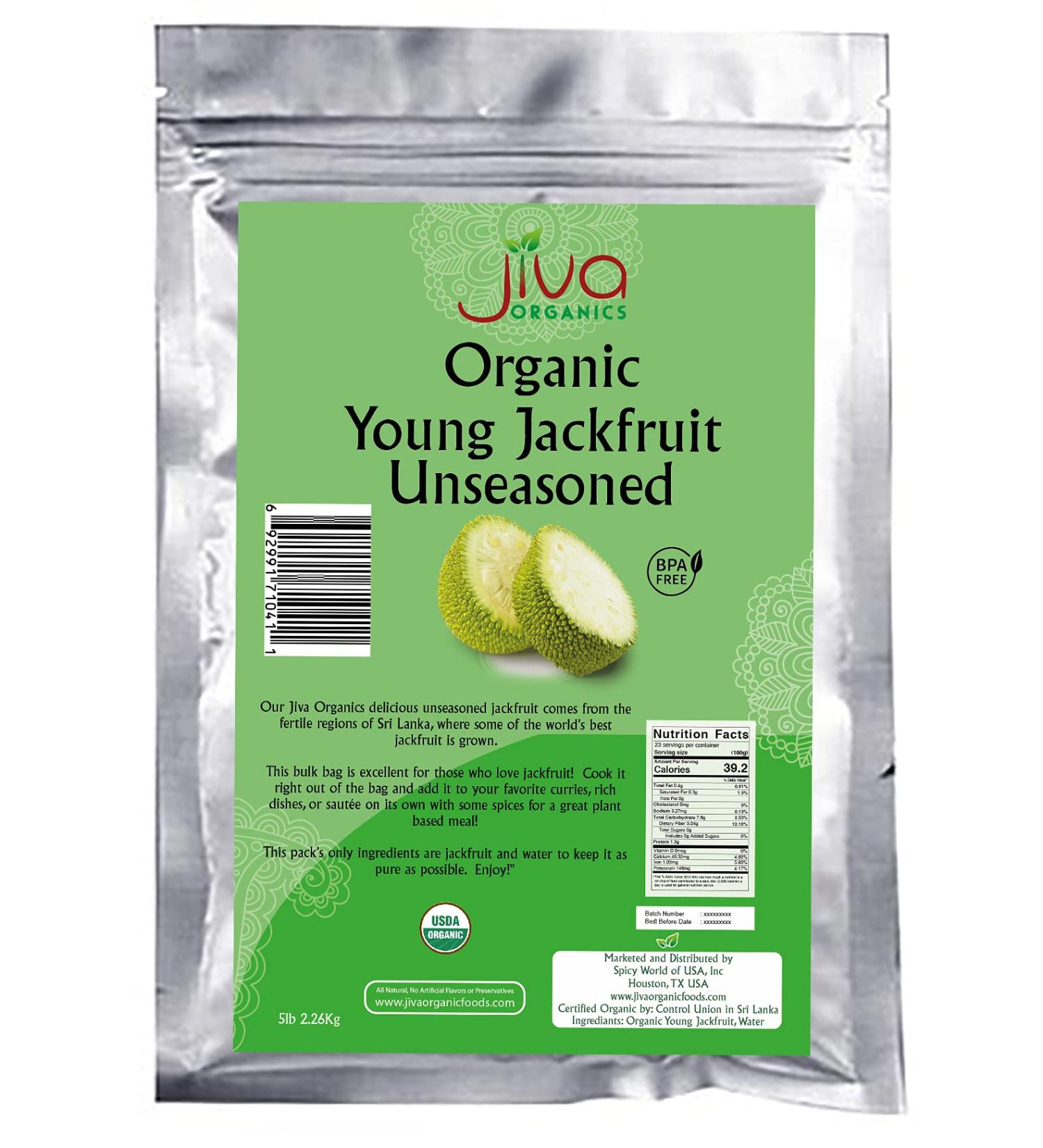 Jiva Organic Jackfruit Unseasoned Bulk Pieces 5 Pound Bag - Young Green Jack Fruit, Non-GMO, Delicious Vegan Meat Alternative