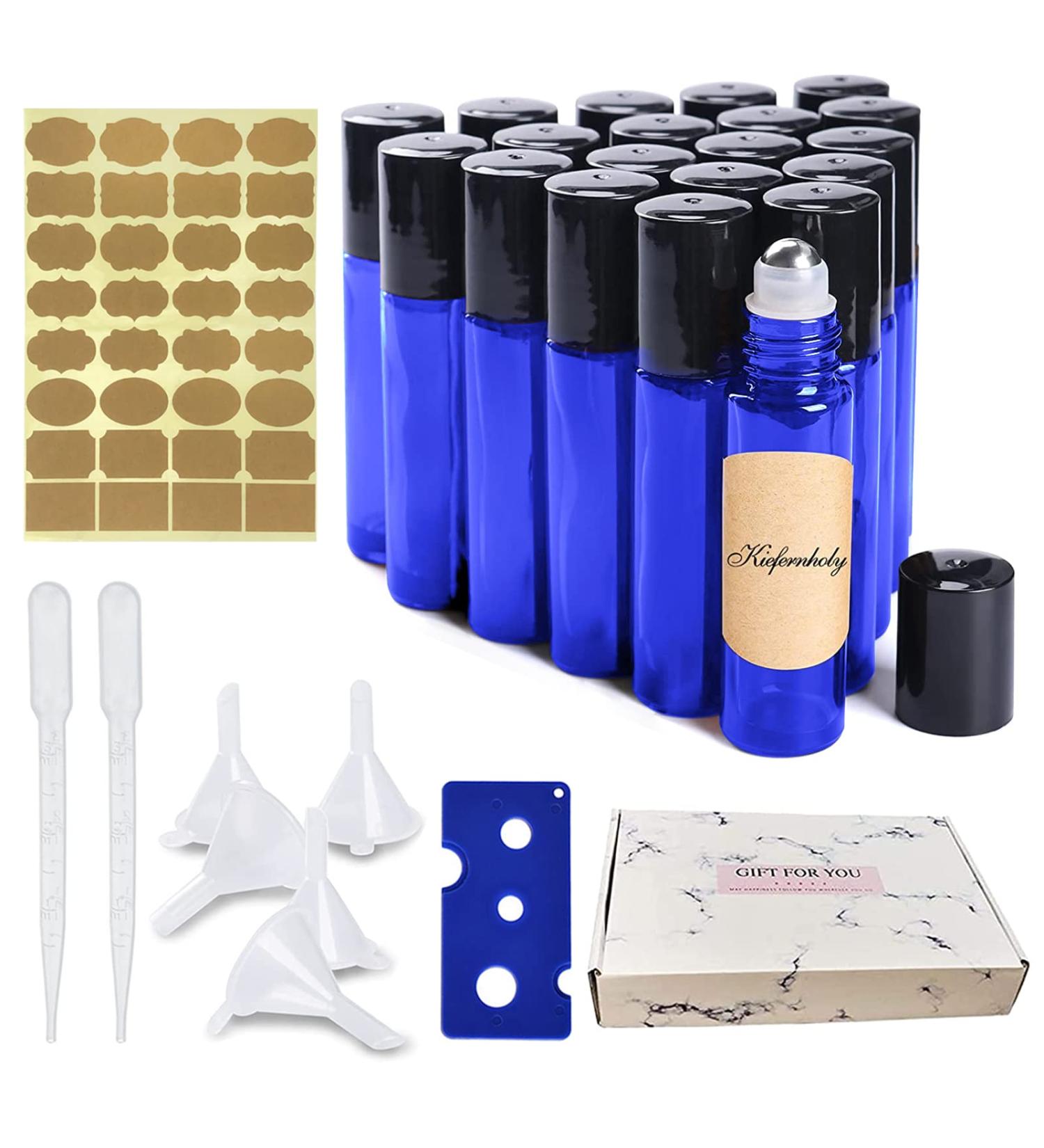 28 Pack Cobalt Blue Glass Roll On Bottles for Essential Oils | 10ml with Stainless Steel Balls | Includes Funnels Syringes & Stickers - Ideal for Fragrance & DIY Blends - Buy Online on GoSupps.com