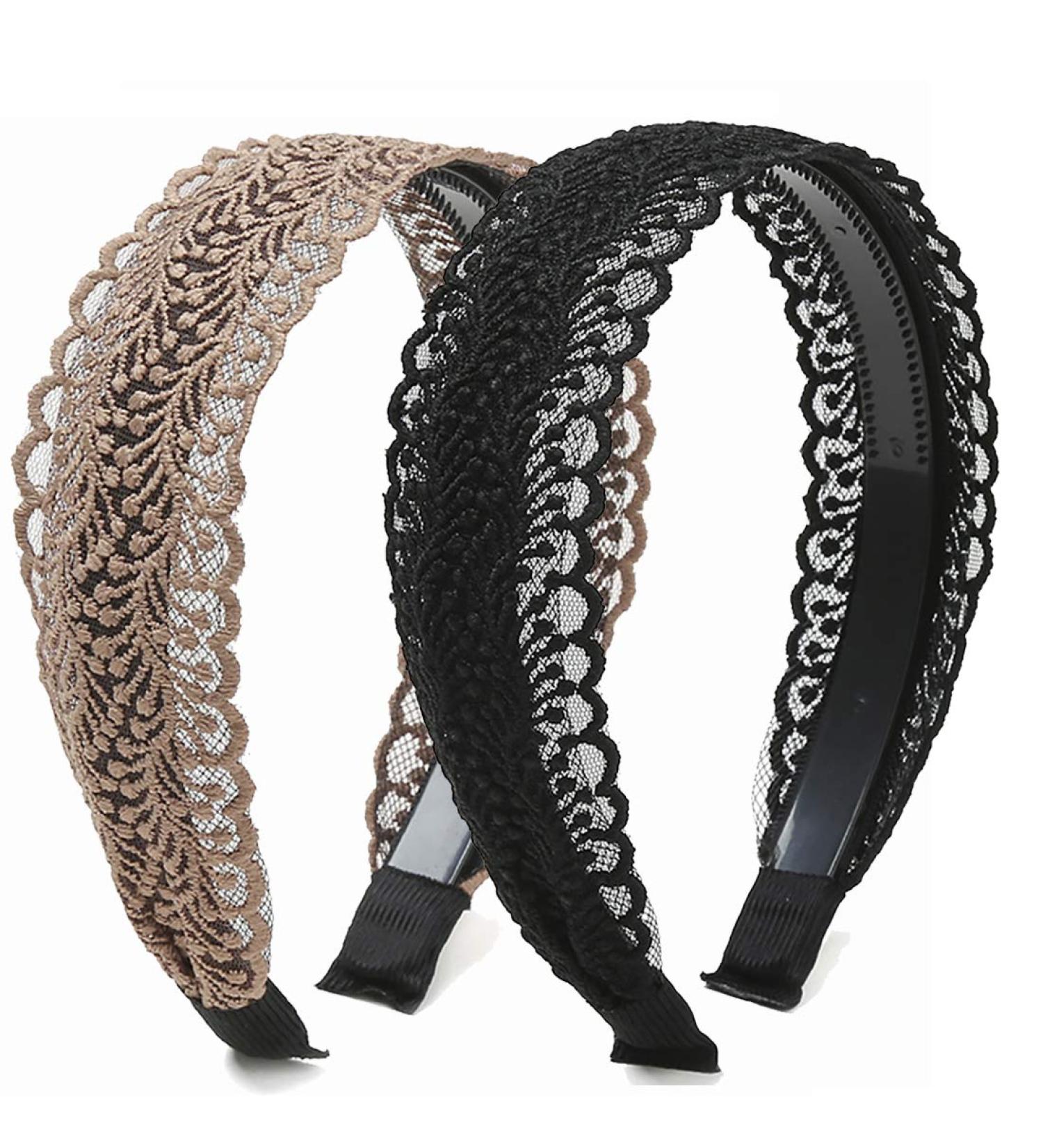 Elegant Lace Headbands for Women & Girls - 2 Piece Vintage Floral Wide Headwraps (Black Brown) | International Shipping - Buy Online on GoSupps.com