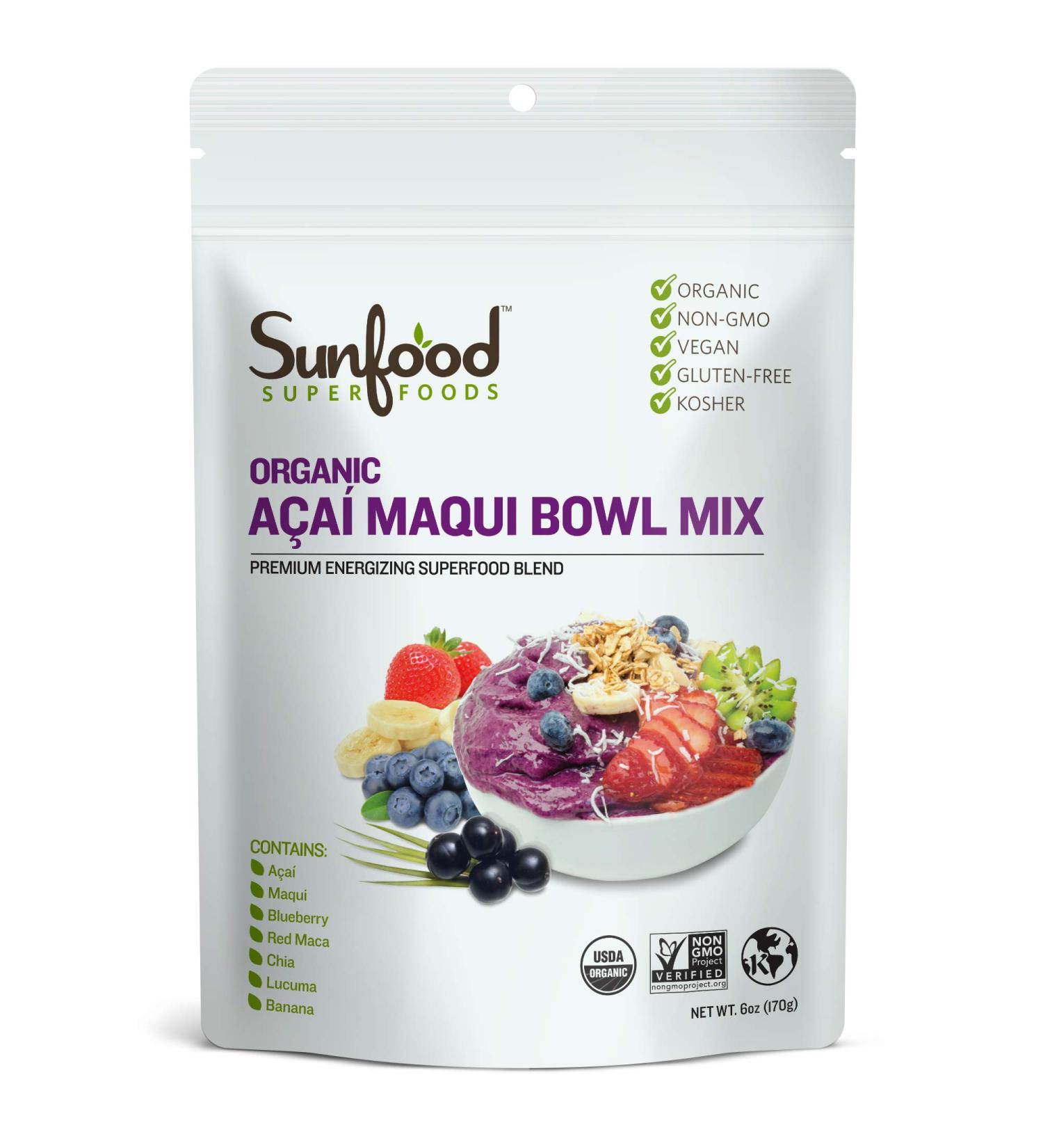 Sunfood Organic Acai Maqui Bowl Mix 6 oz - Superfood Blend for Smoothies & Bowls - Buy Online on GoSupps.com