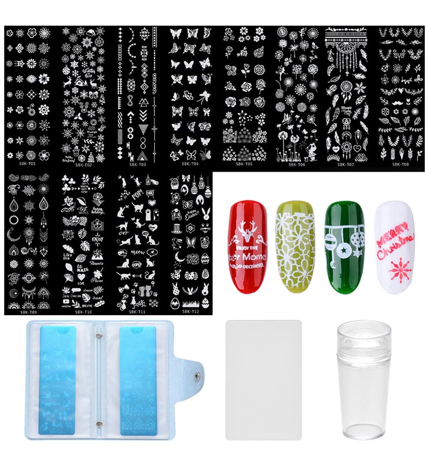 Settoo 15-Piece Reusable Stamping Nail Art Kit - 12 Printed Steel Models Stamp Scraper & Card Holder for Stunning Manicures - Buy Online on GoSupps.com