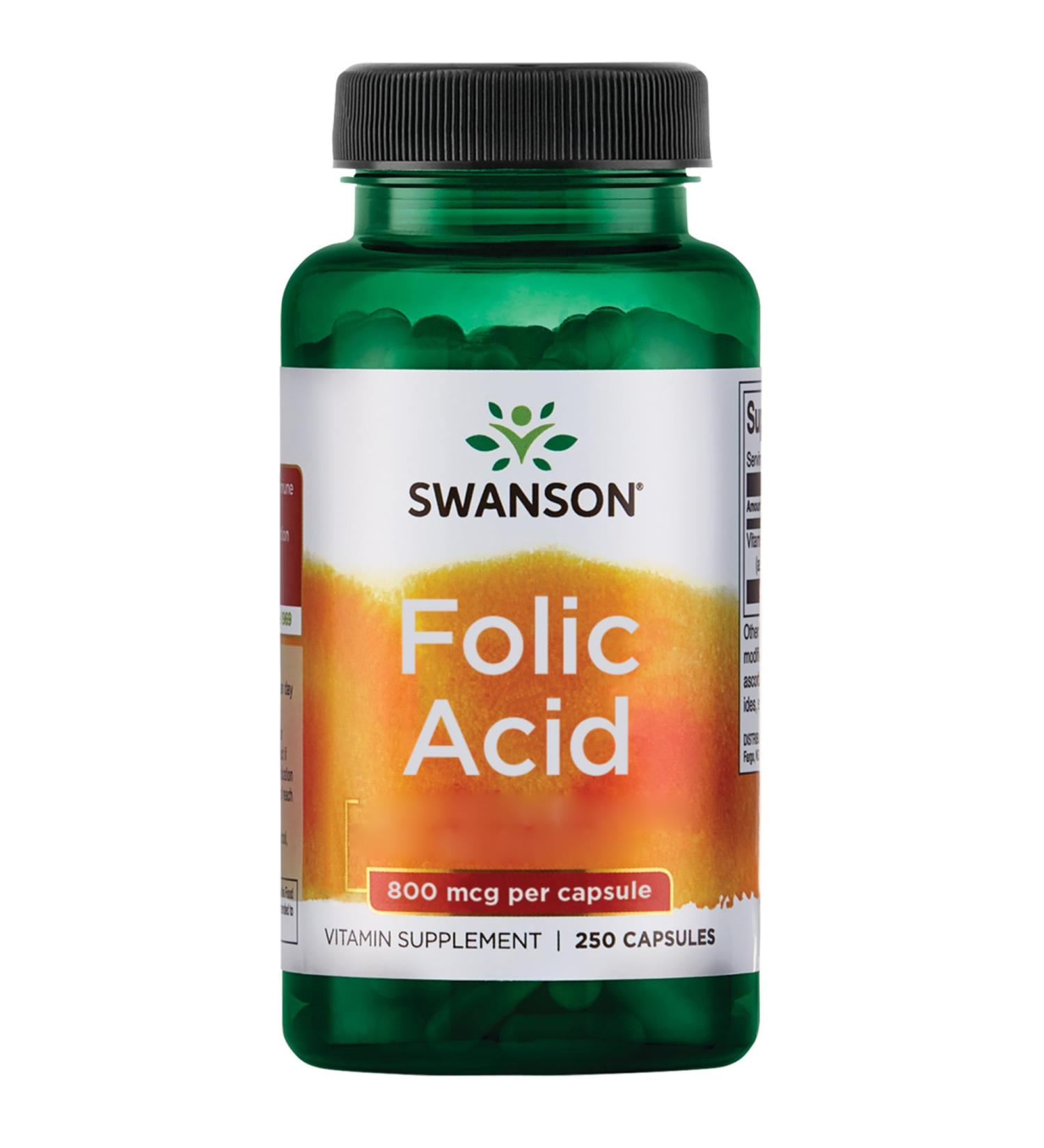 Swanson Folic Acid 800mcg - Vitamin B9 Capsules 250 Count High Dose Soy-Free Gluten-Free Non-GMO - International Shipping Available - Buy Online on GoSupps.com