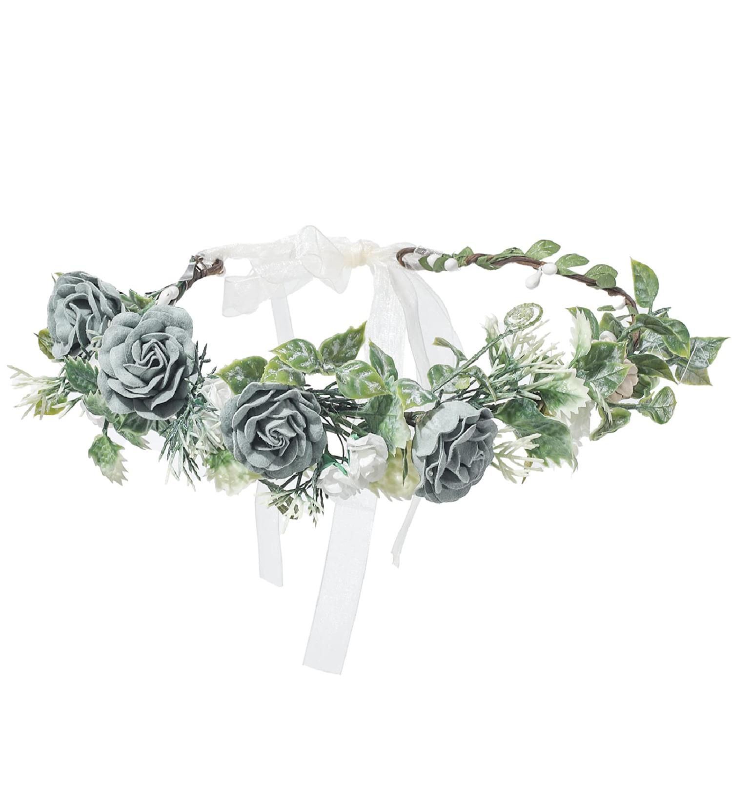 Haze Blue and White Flower Crown Headband for Women and Girls - Adjustable Ribbon, Wedding Hair Wreath - Buy Online on GoSupps.com