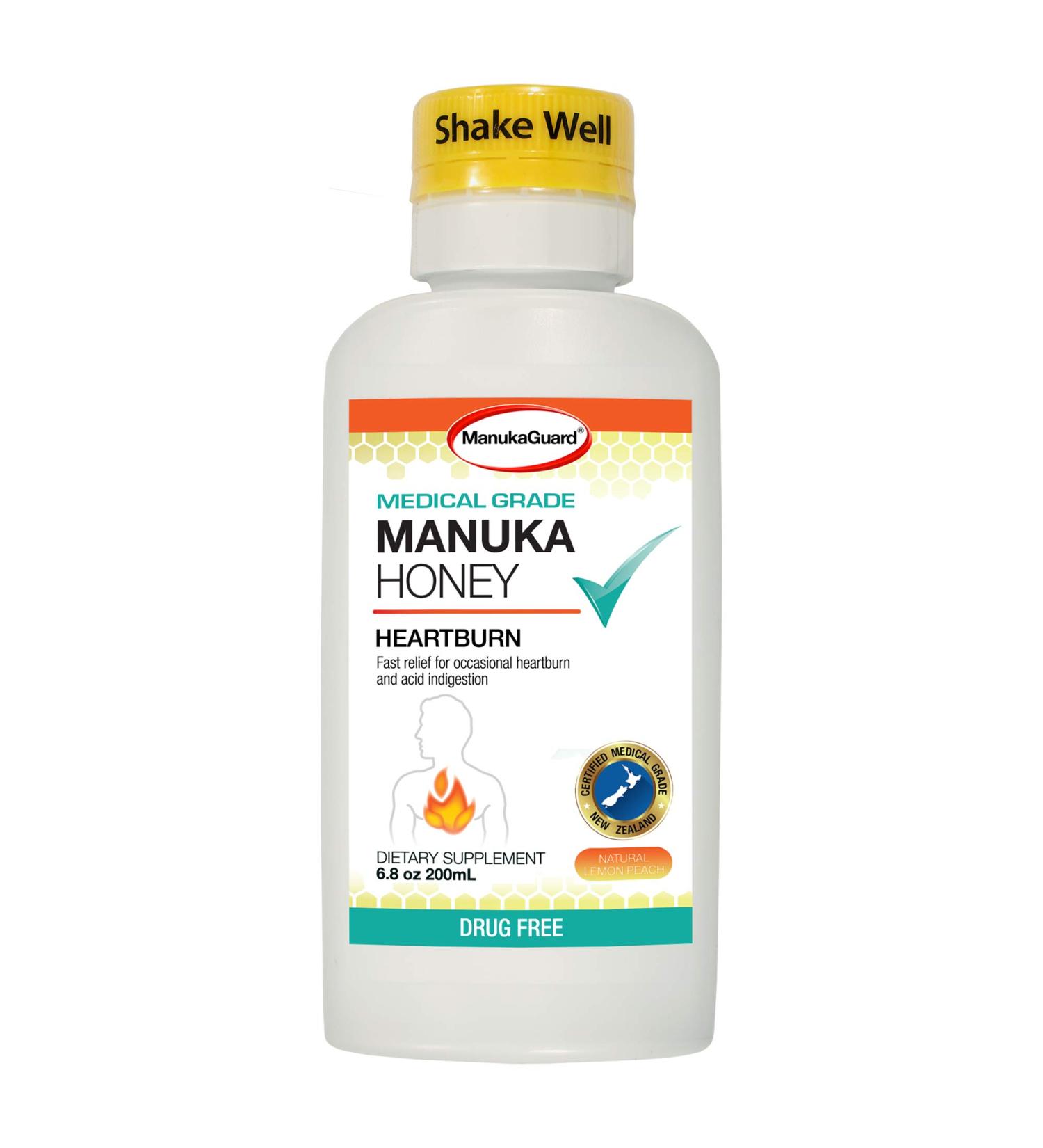 ManukaGuard Nutralize Manuka Honey Natural Heartburn Relief Liquid 6.8oz - Lemon Peach - Drug Free - Apple Cider Vinegar & Ginger Root for Acid Reflux Digestive Support Antacid Liquid