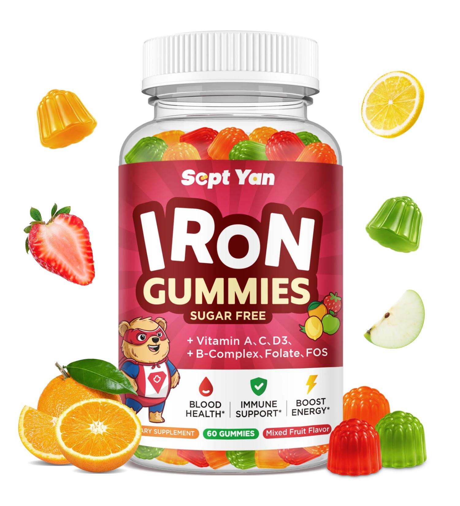 Iron Supplement Gummies for Kids, Kids Multivitamin with Iron - Vitamin B Complex, C, D3, Calcium, Folate, Zinc, FOS for Blood Builder & Energy Support, Iron Deficiency, Vegan,Mixed Fruit Flavor,60 ct - Buy Online on GoSupps.com