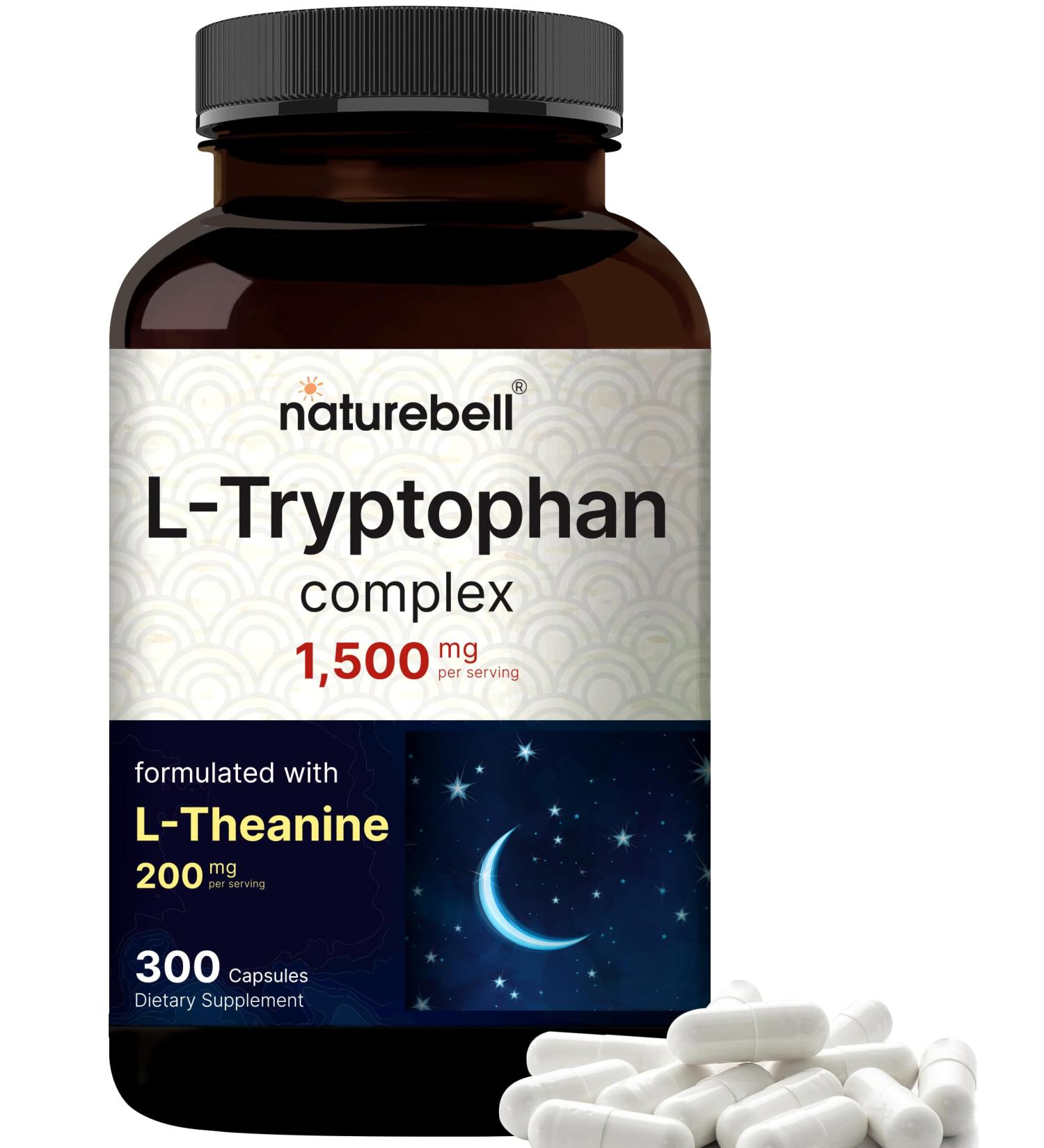 NatureBell L Tryptophan 1300mg with L Theanine 200mg 300 Capsules | Active Free Form Plant Based Supplement Calm Formula Supports Relaxation Non-GMO & No Gluten L Tryptophan with L Theanine 300 Count (Pack of 1) - Buy Online on GoSupps.com
