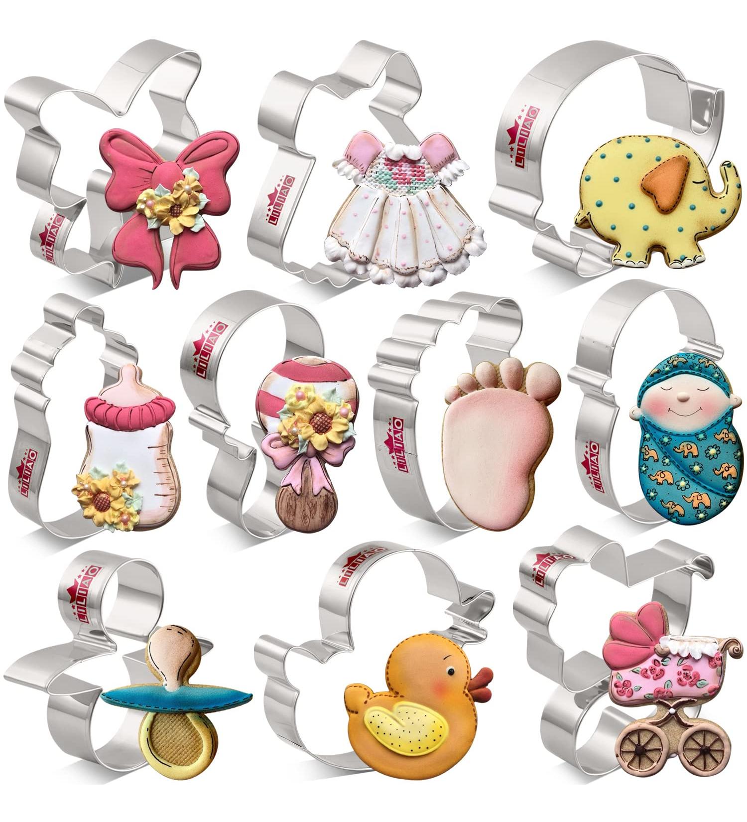 LILIAO Baby Shower Cookie Cutter Set - 10 Pcs Stainless Steel - Footprint, Dress, Carriage, Pacifier, Duck, Elephant, Bottle, Rattle, Ribbon Baby Biscuit Cutters - Buy Online on GoSupps.com