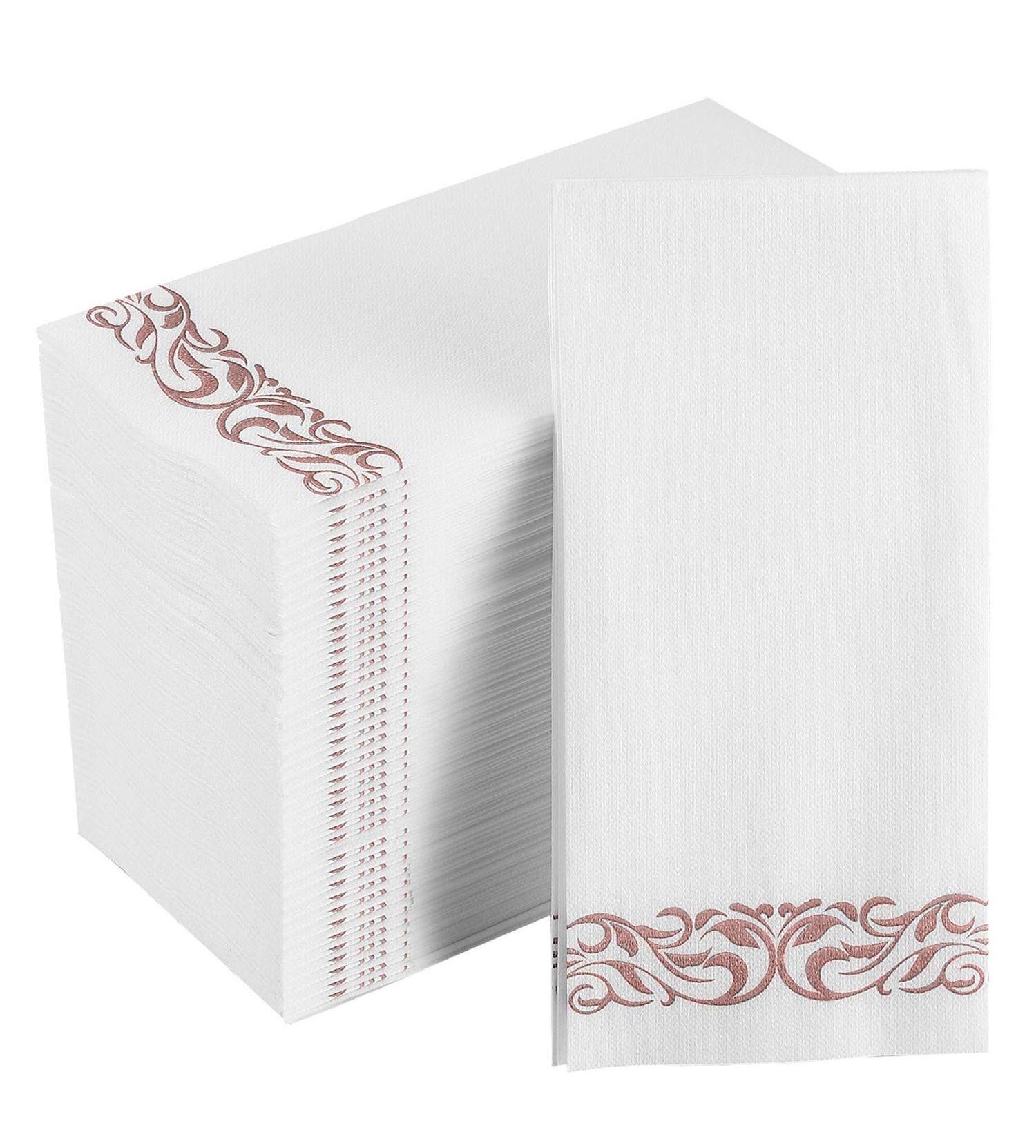 100 Pack Rose Gold Disposable Guest Towels - Soft and Absorbent Linen-Feel Hand Towels for Kitchen, Parties, Weddings - Single-Use Napkins for Events - Buy Online on GoSupps.com