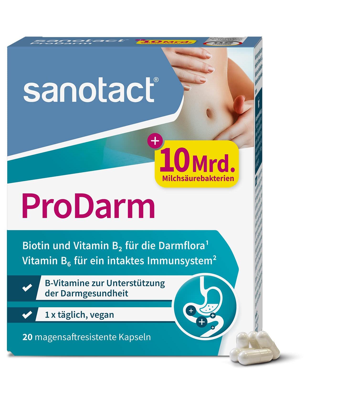 Sanotact Prodarm - 10 Billion Probiotics for Intestinal Health | 20 Capsules with B6 B2 & Biotin | Colon Cleansing Cure - Buy Online on GoSupps.com