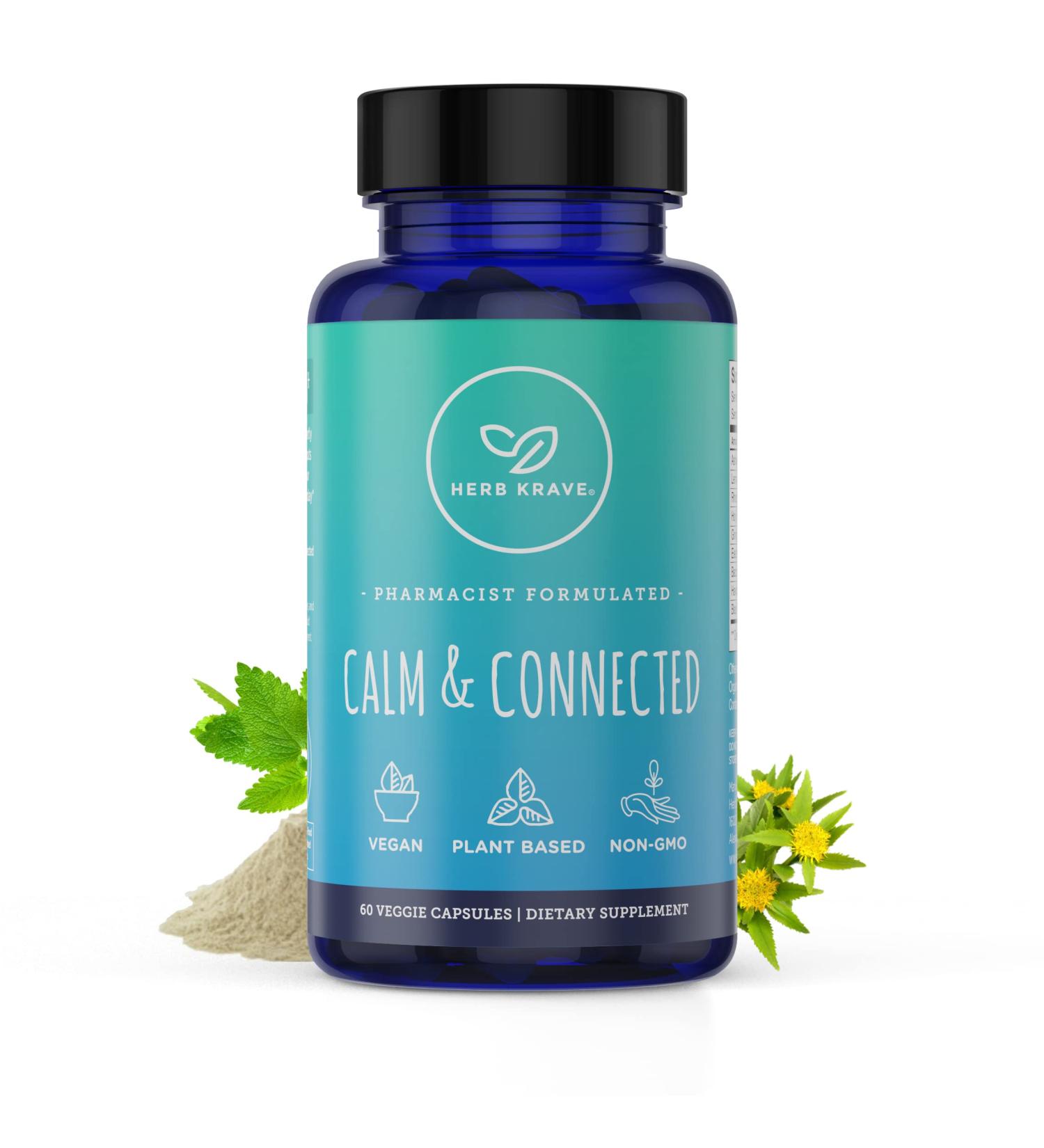 Herb Krave Calm & Connected -Stress Support & Ayurvedic Nootropic for Natural Calm Focus Clarity and Energy Cortisol Manager with Ginkgo Biloba Ashwagandha Rhodiola Lemon Balm -60 Capsules (1)