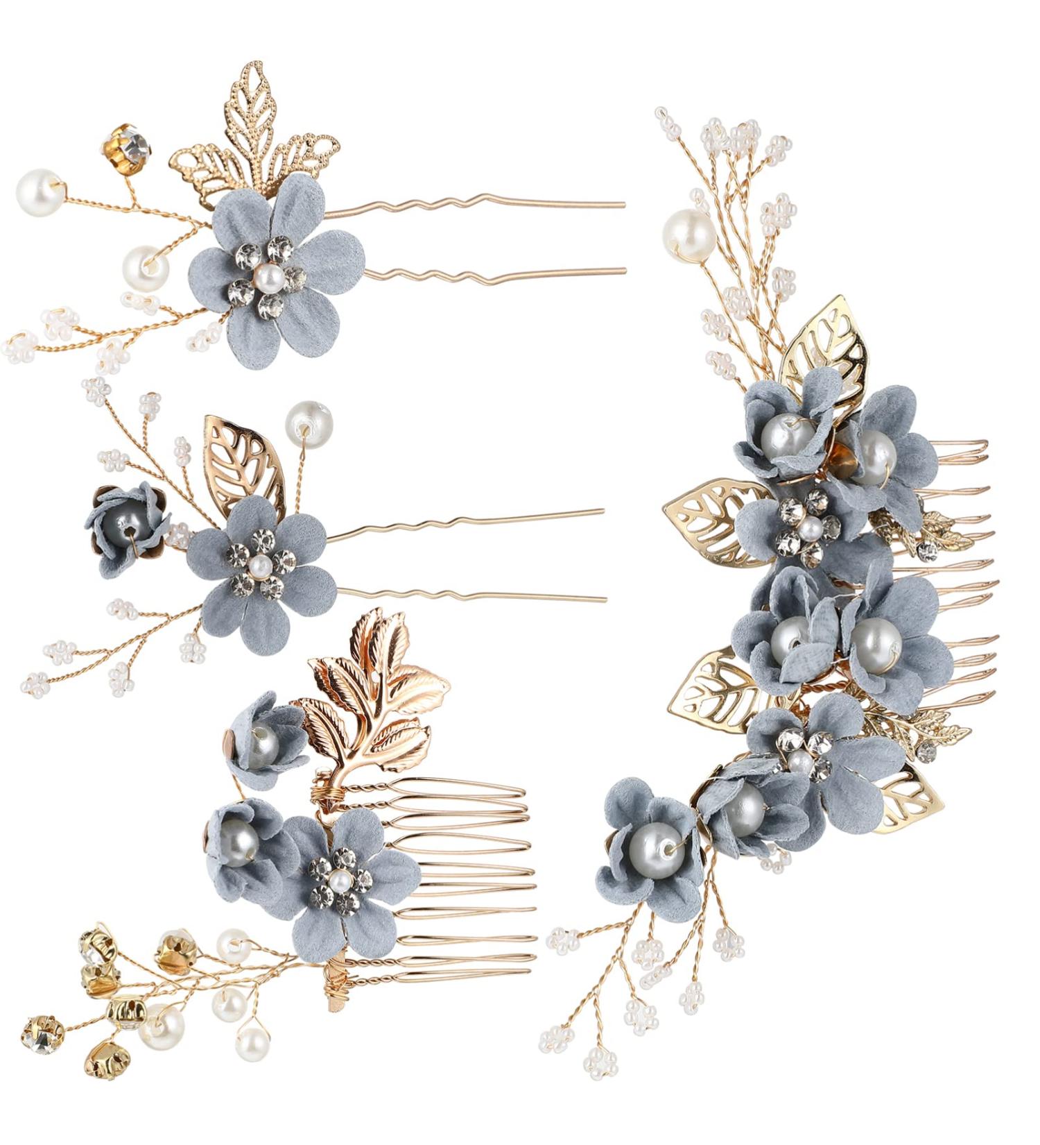 NUOBESTY 4pcs Blue Wedding Bridal Hair Comb Set - Handmade Rhinestone Headpieces & Accessories - Buy Online on GoSupps.com