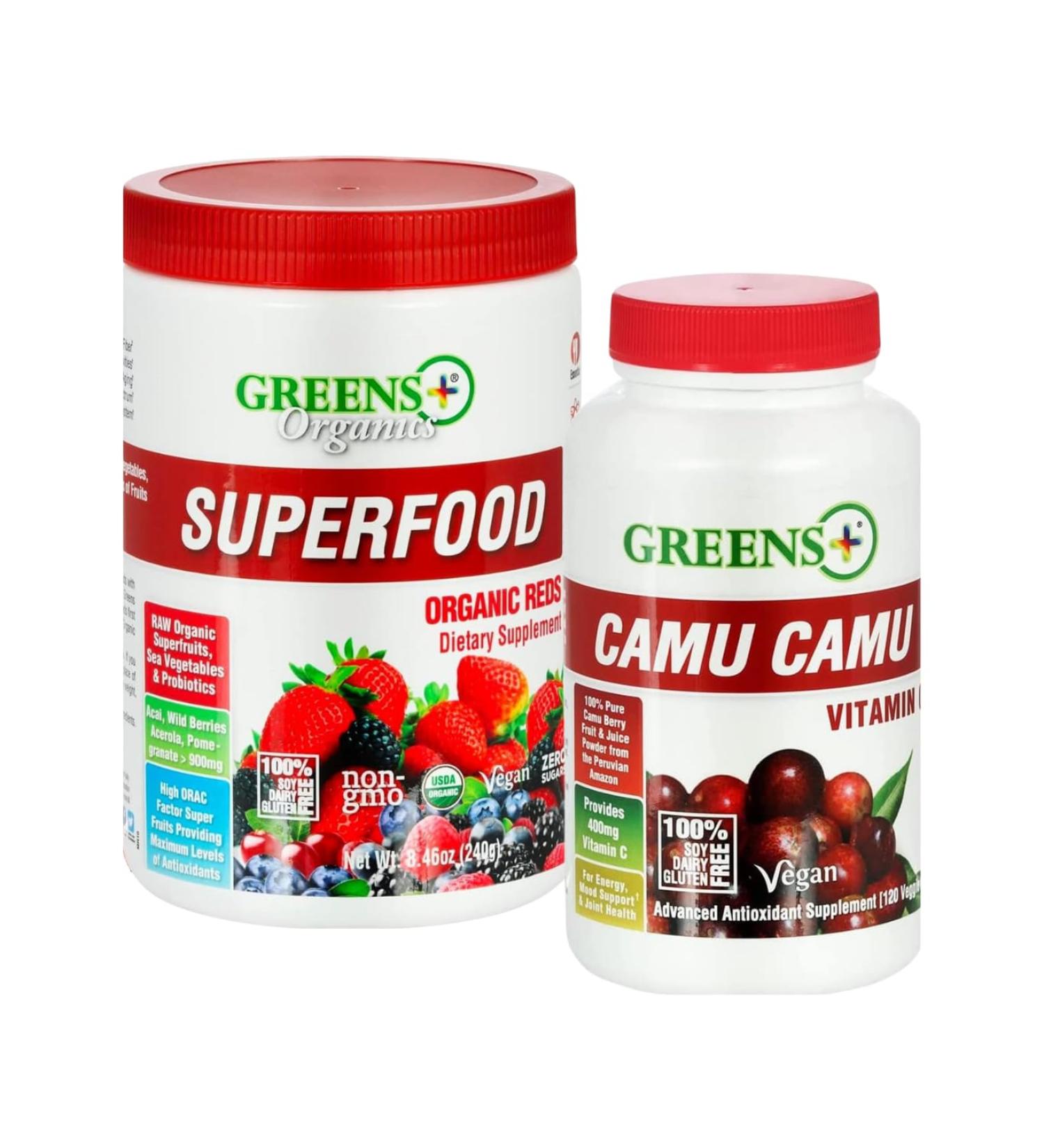 Greens+ Organic Reds Superfood Powder Camu Camu Dietary 400mg Vitamin C SuperFruit Supplement 120 Capsules 100% Natural Vitamins & Minerals Vegan Soy/Dairy/Gluten Free - Buy Online on GoSupps.com