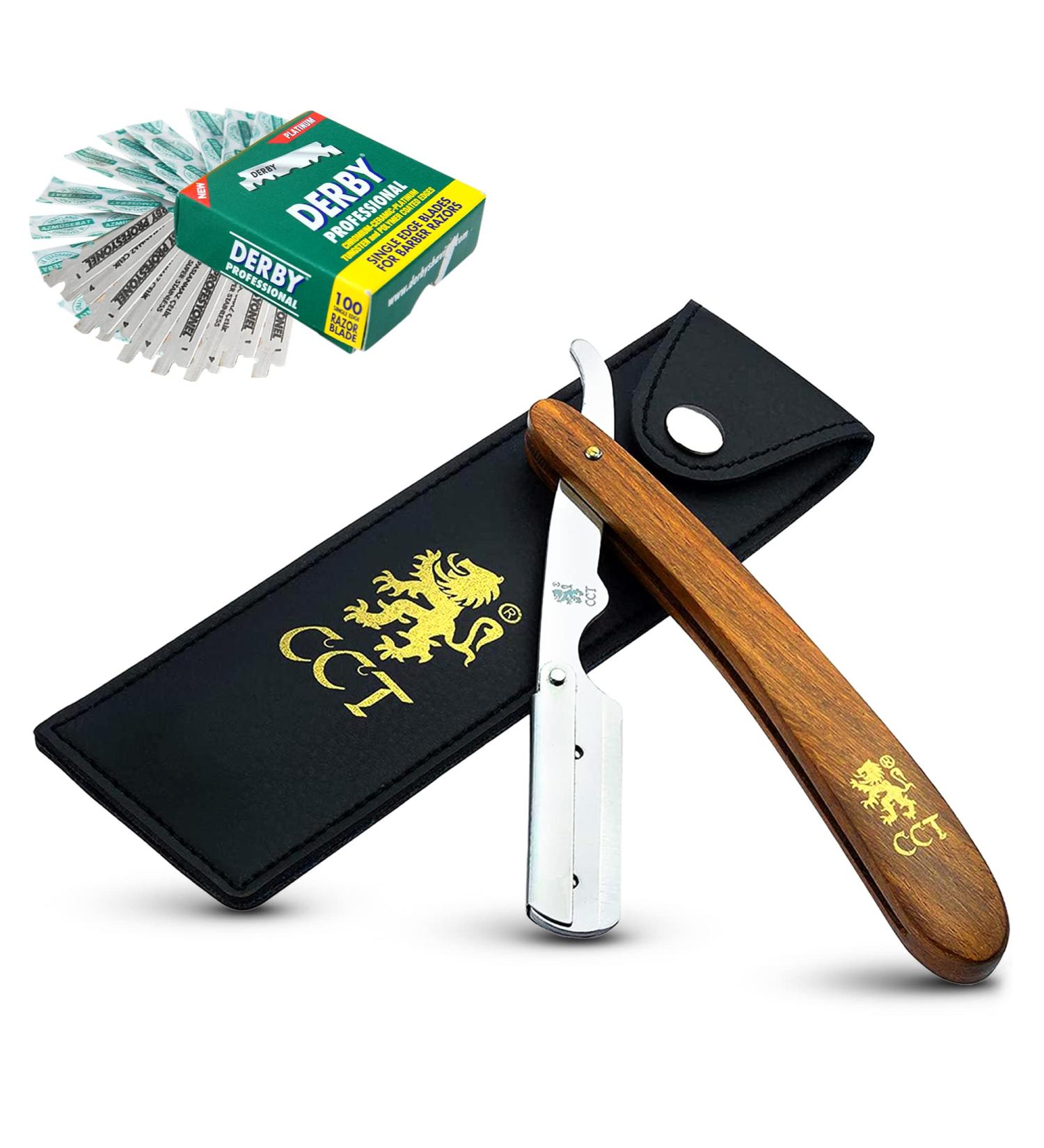 Cambridge Cutthroat Straight Edge Razor Kit with 10 Blades - Professional Barber Razor for Men with Missanda Hardwood Handle and Stainless Steel Blade - Perfect for Shaving, Trimming, and Styling - Includes Leather Travel Pouch - Buy Online on GoSupps.com