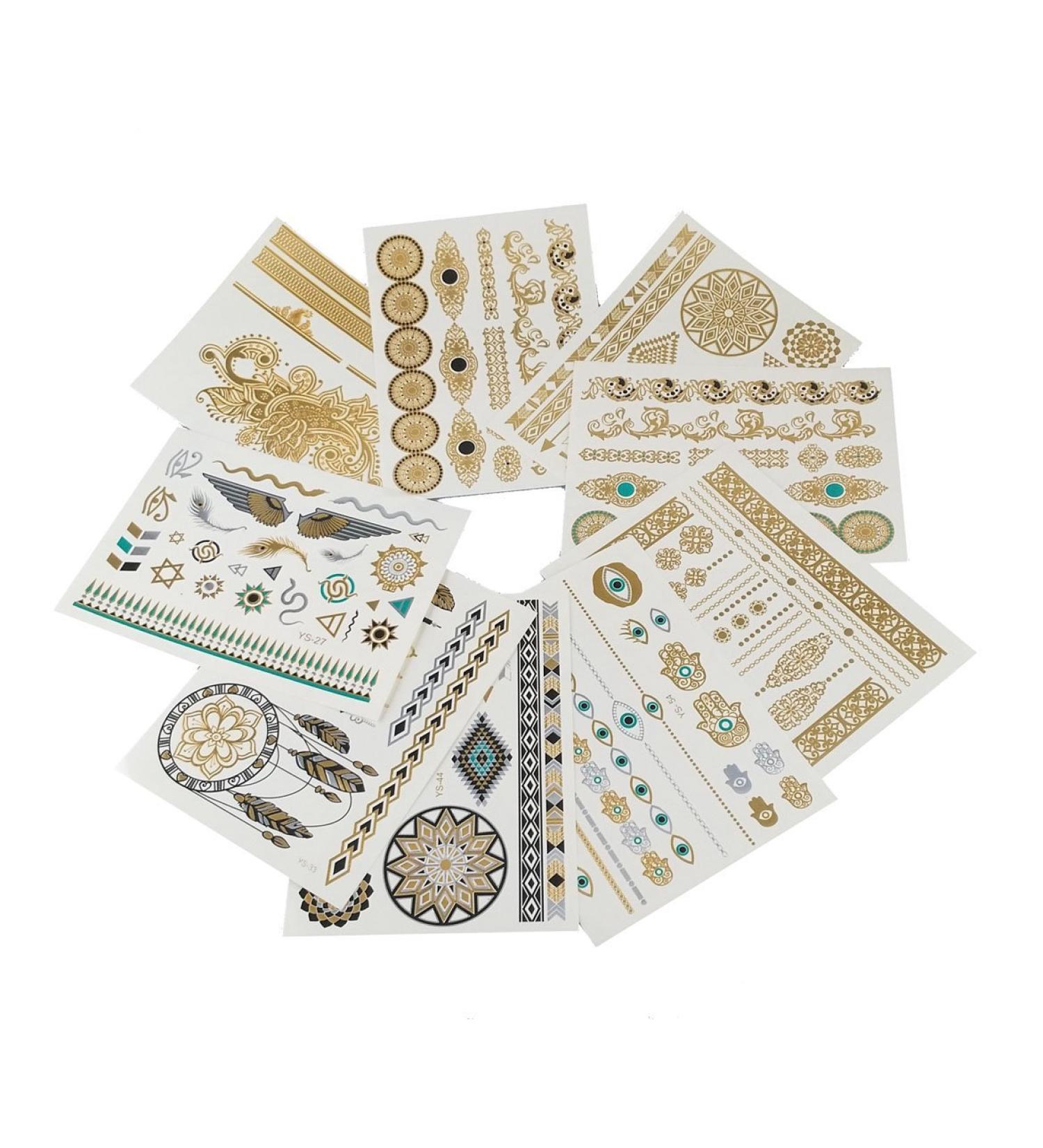 Yueton Metallic Temporary Tattoos - 9 Sheets Gold, Silver & Multi-color Flash Tattoos for Body Art - Waterproof & Removable Stickers for Teens, Men, Women & Girls - Buy Online on GoSupps.com