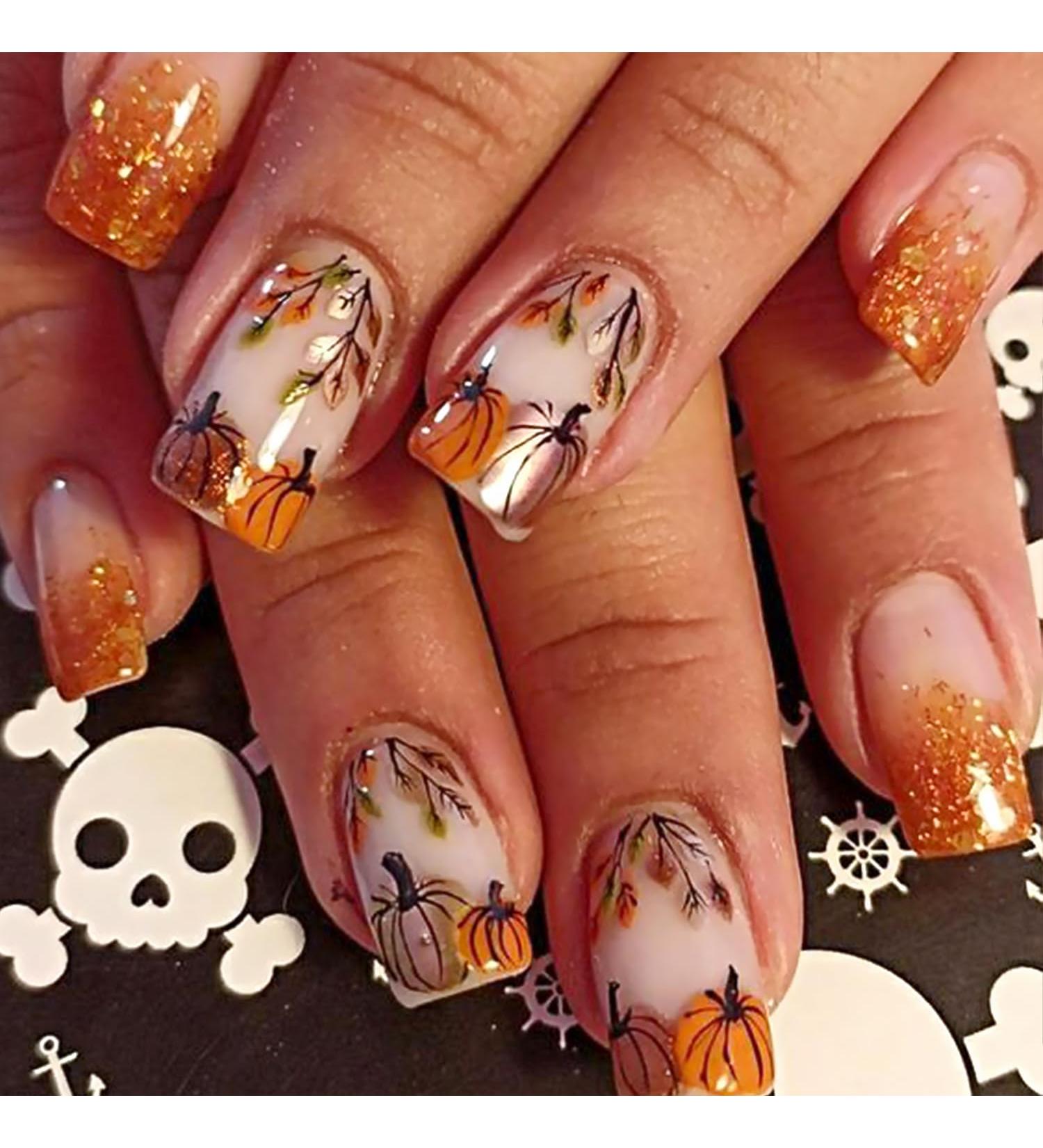 Fall Press On Nails - Short Square Fake Nails with Gold Glitter French Tip | Full Cover Autumn Design | Pumpkin Maple Leaf & Thanksgiving Nails | Glue on Acrylic Manicure - Buy Online on GoSupps.com