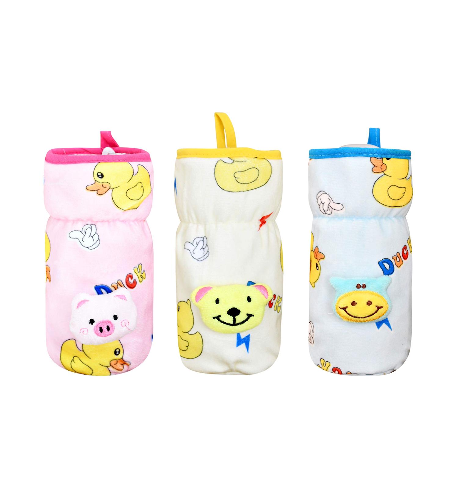 Soft Plush Stretchable Baby Feeding Bottle Cover Pack of 3 | Cute Animated Overall Print | Easy to Hold Strap | Multicolor Wide Neck 240-330ml/8-11oz - Buy Online on GoSupps.com