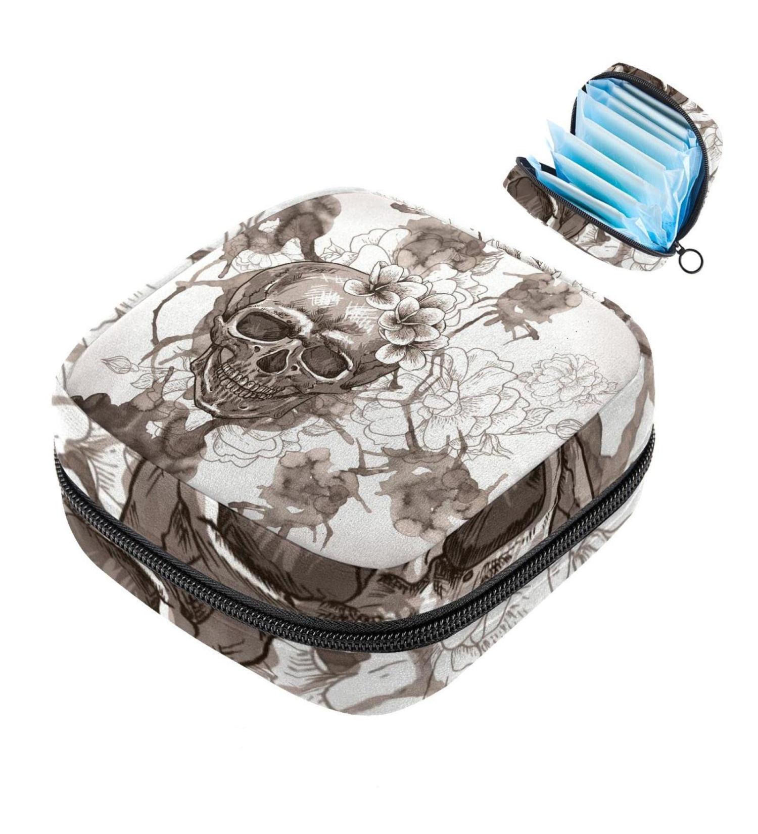 Stylish Skull Flower Menstruation Pad Bag with Zipper | Women's Tampon & Napkin Organizer | Perfect for Girls - Buy Online on GoSupps.com