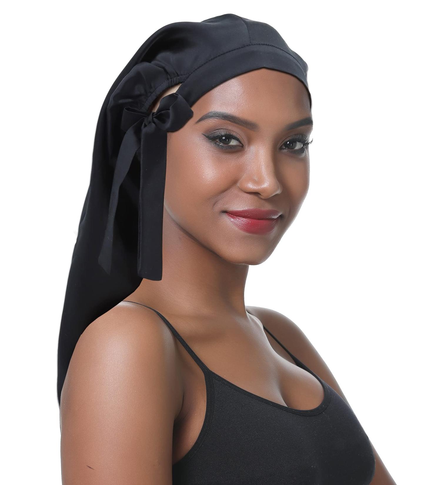 SAYMRE Long Silk Bonnet - 100% Mulberry Silk Sleep Cap for Women | Adjustable Elastic Band | Silk Satin Wrap for Curly Hair & Dreadlocks - Black - Buy Online on GoSupps.com