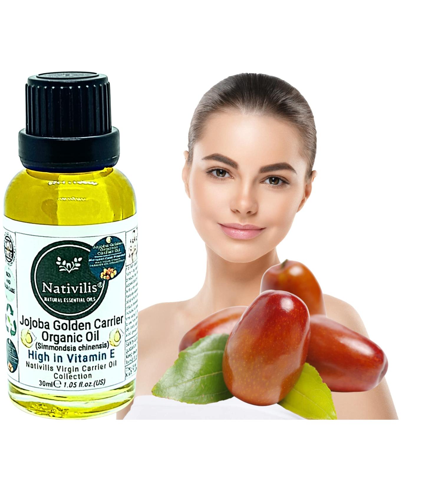 Nativilis Organic Jojoba Golden Carrier Oil (Simmondsia chinensis) Hair Face & Skin Natural Cold Pressed - Humectant Ingredient - Non-comedogenic Acne-Prone Cleanser Moisturizer Antioxidant Copaiba - Buy Online on GoSupps.com