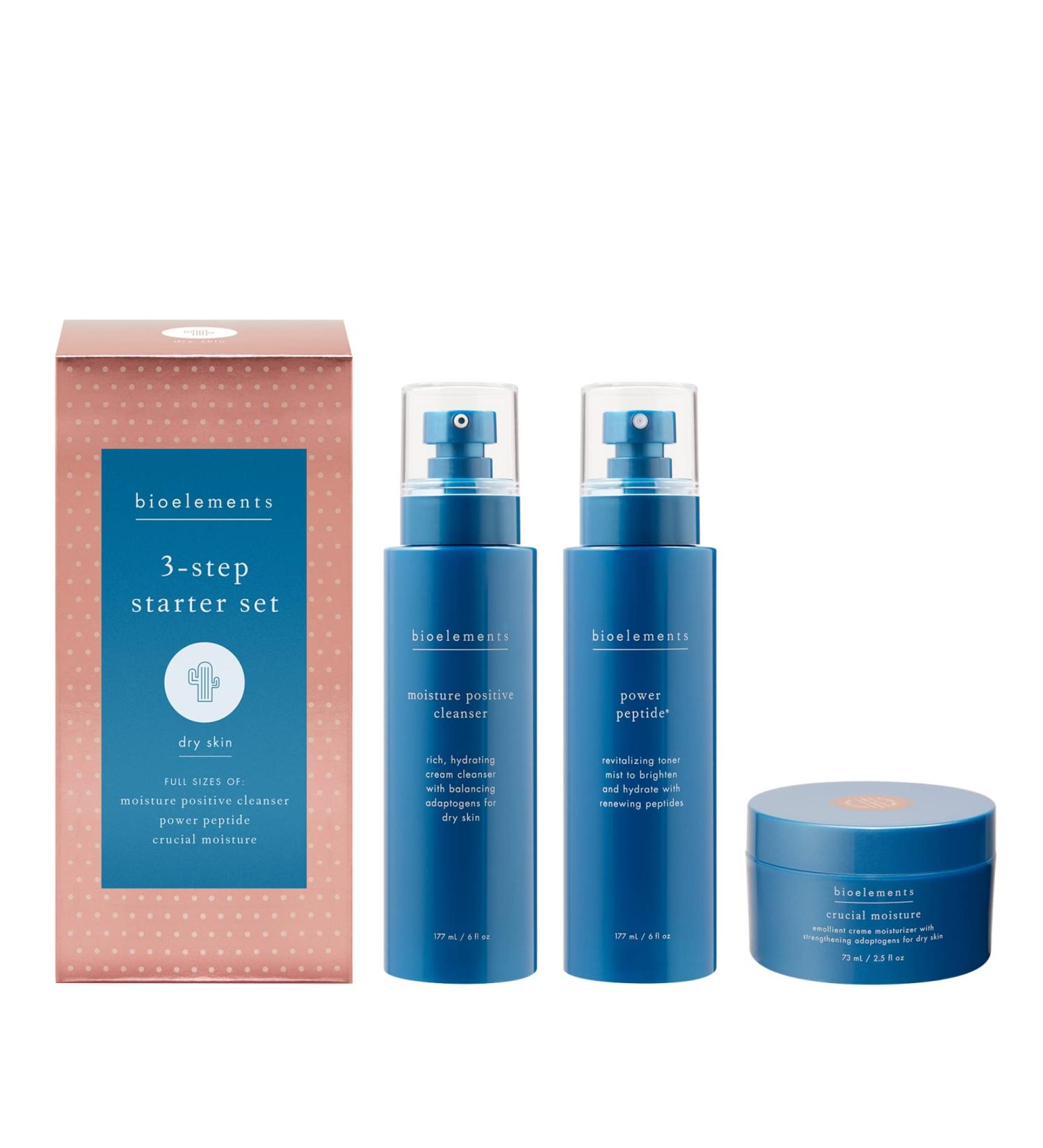 Buy Bioelements 3-Step Starter Set for Dry Skin | Moisture Positive Cleanser Power Peptide Toner & Crucial Moisture Moisturizer - Perfect for International Shipping - Buy Online on GoSupps.com