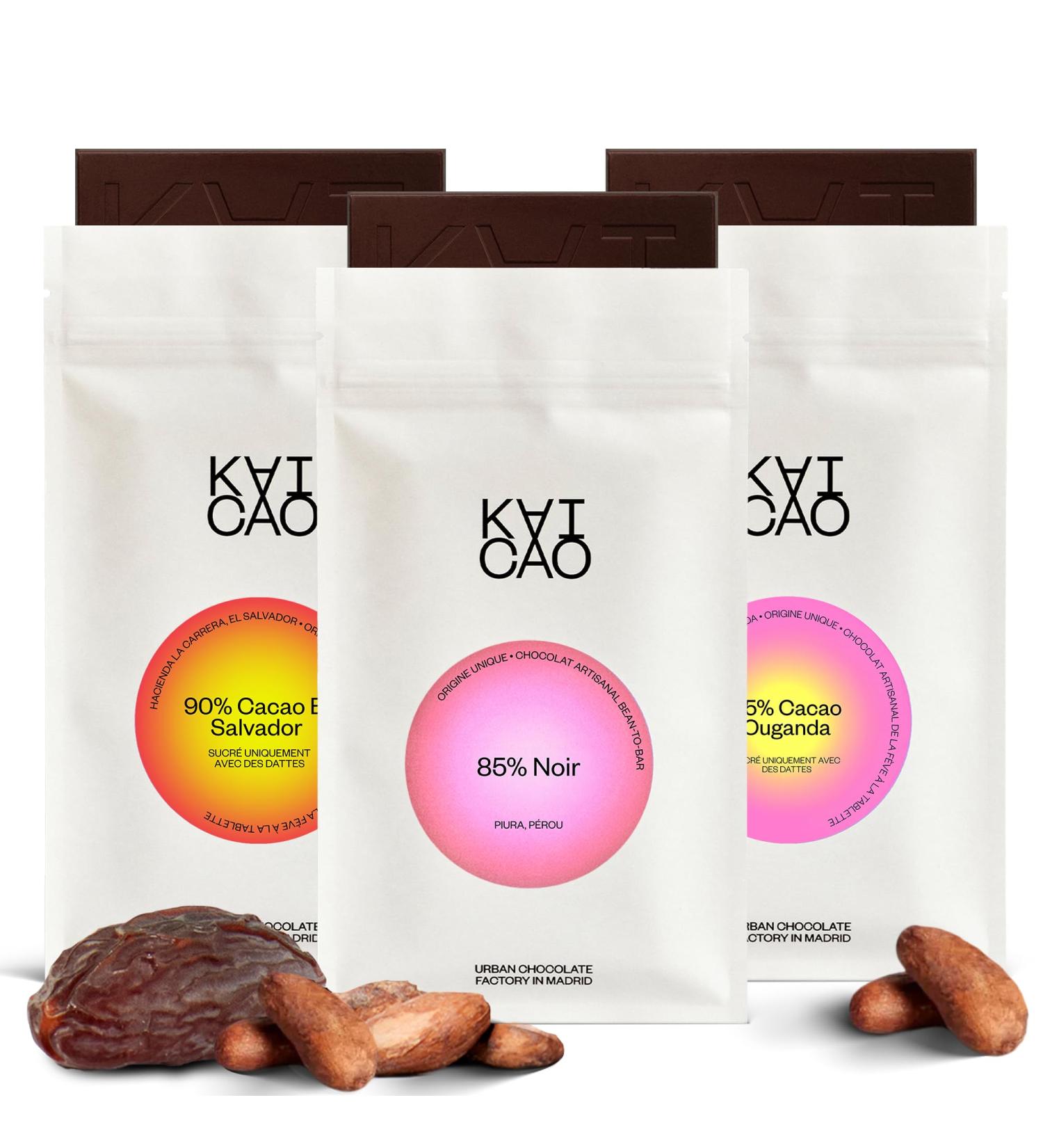 Kaicao Dark Chocolate Selection - Tasting of Three Dark Chocolates to Offer - Sweetened with Dates - 90% Cocoa Origin Salvador 85% Cocoa Origin Peru and 85% Cocoa Origin Uganda - 3 x 70 g - Buy Online on GoSupps.com