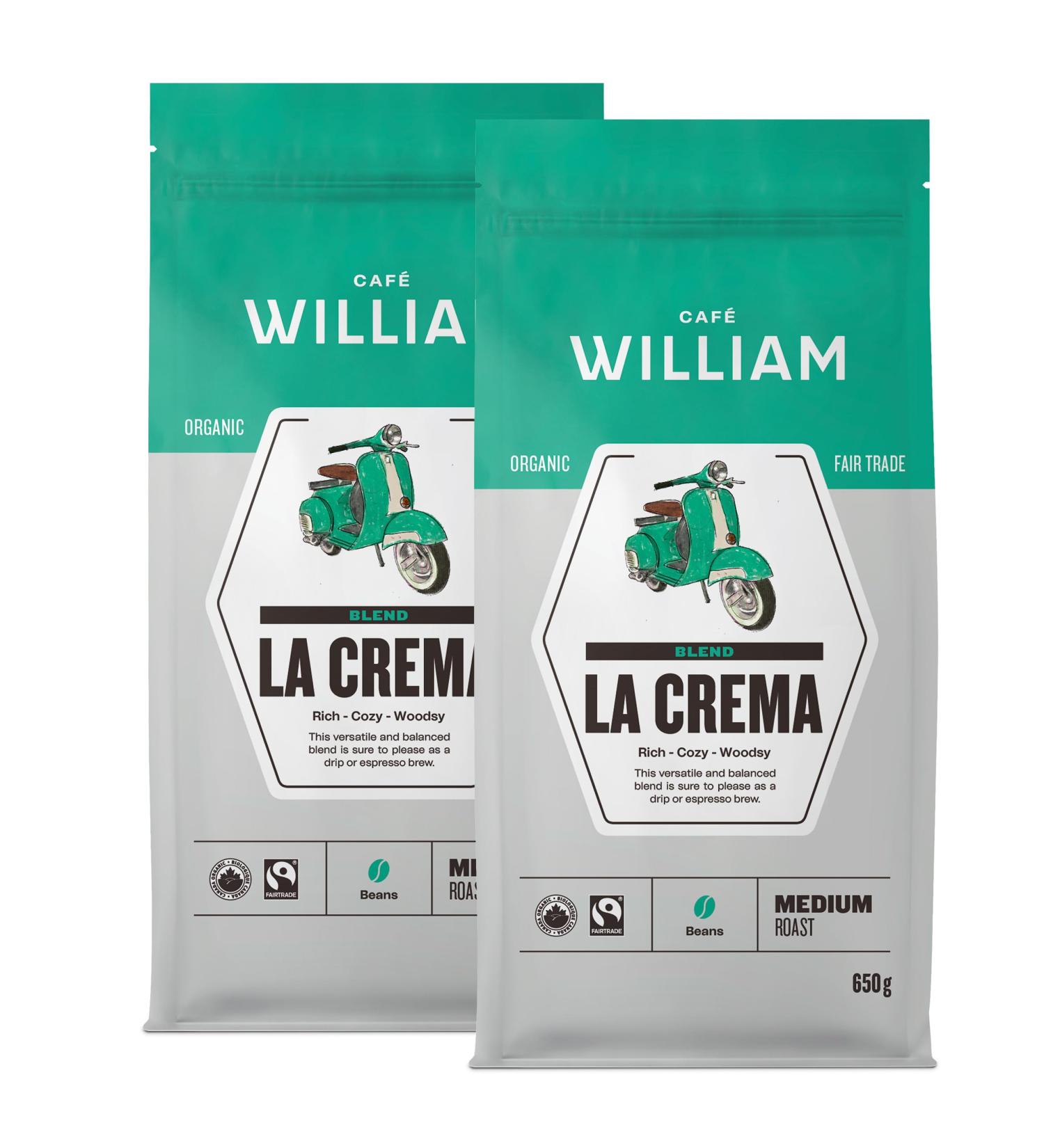 LA CREMA Whole Bean Organic Coffee | Medium Roast | Specialty Grade Espresso Machines Grinder | Sustainably Roasted in Canada | Caf William | Caf Biologique en grains - 650 g (pack of 2) LA CREMA 650 g (Pack of 2) - Buy Online on GoSupps.com