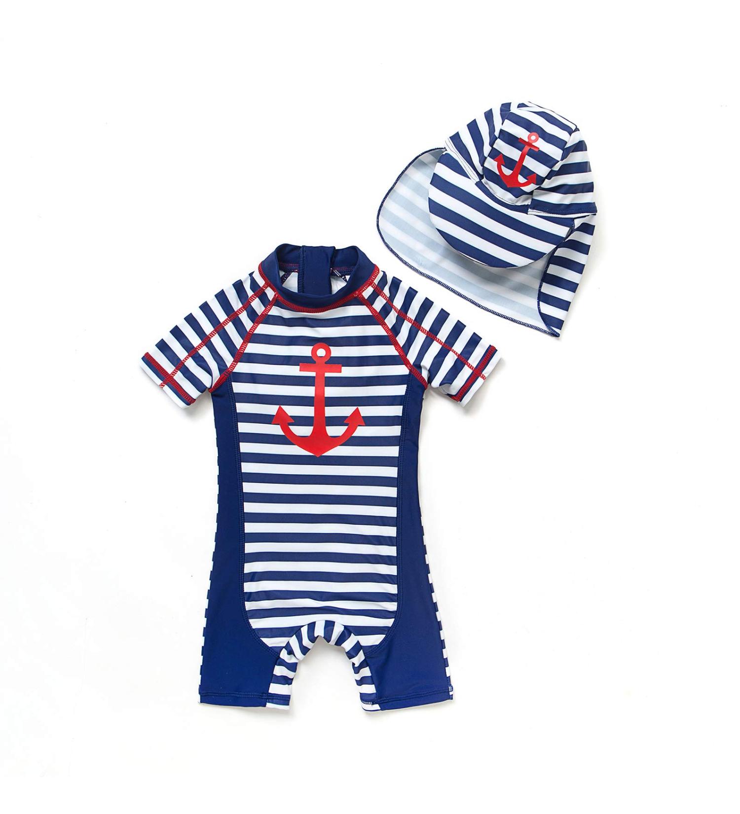 BONVERANO Baby Boys Swimsuit 18-24 Months | Short-Sleeve Zipper One Piece Swimwear with UPF 50+ Sun Protection | Anchor Design - Buy Online on GoSupps.com