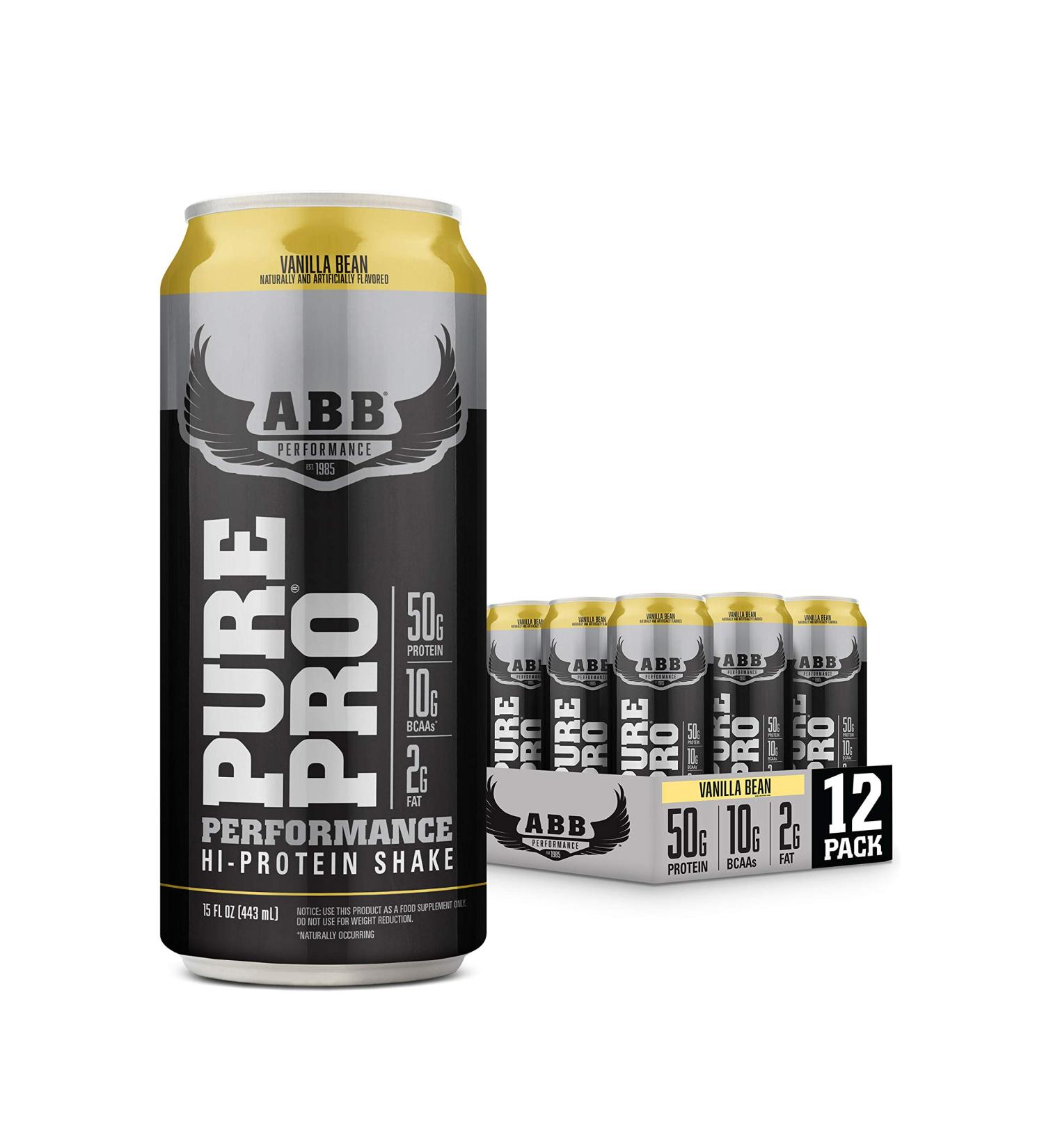 ABB Pure Pro 50 Post-Workout Recovery Protein Shake 15 oz Bottles, 12 Count - Vanilla Flavored, HI-Protein, Muscle Builder, Low Fat, Low Sugar - Ready to Drink - Buy Online on GoSupps.com