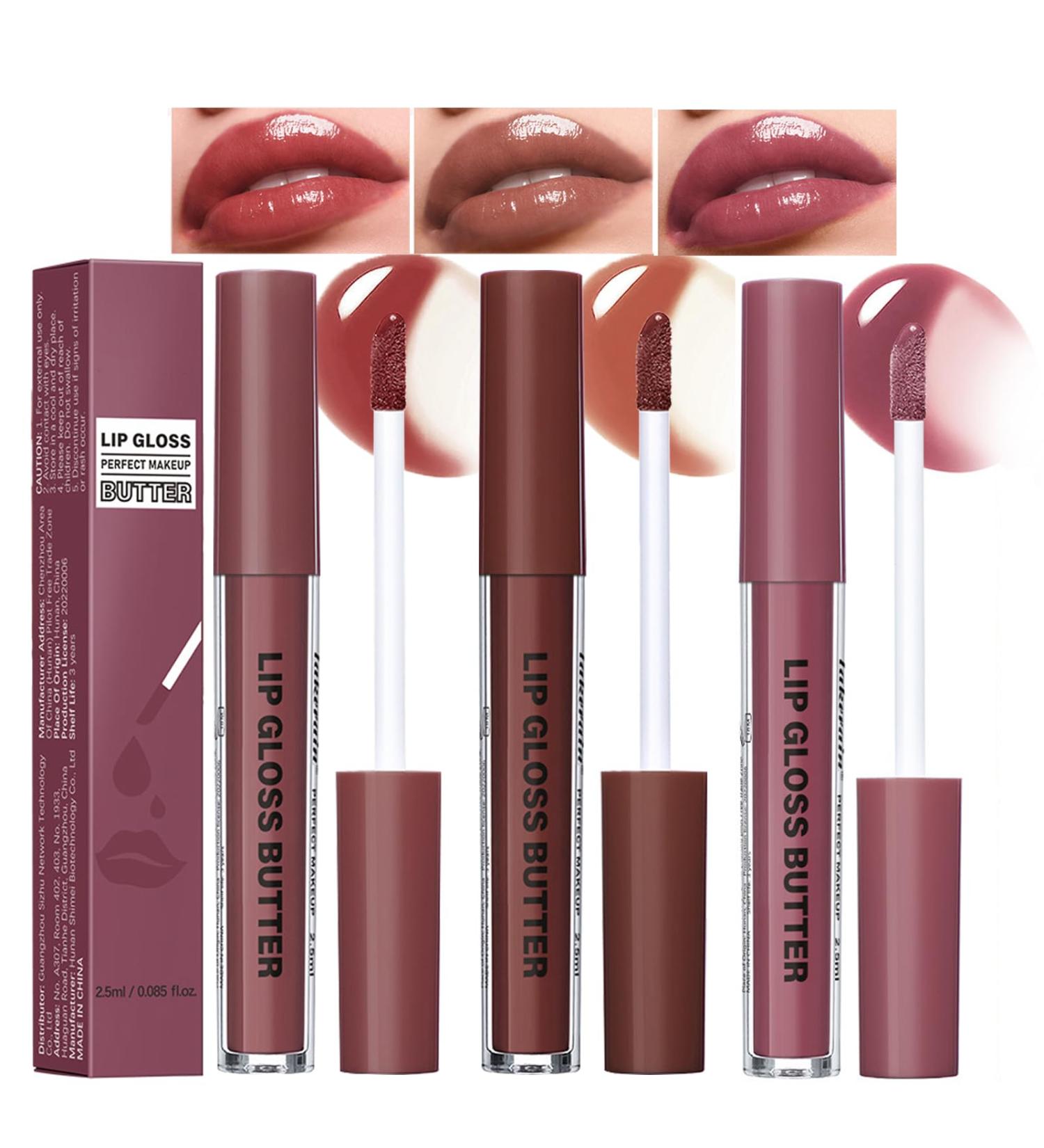 3 Colors Lip Gloss Butter Glossy Moisturizing Lipstick Non Sticky High Shiny Finish Conditioning Lip Glow Oil for Shine Hydration Sheer Tinted Soothing Lip Care - Buy Online on GoSupps.com