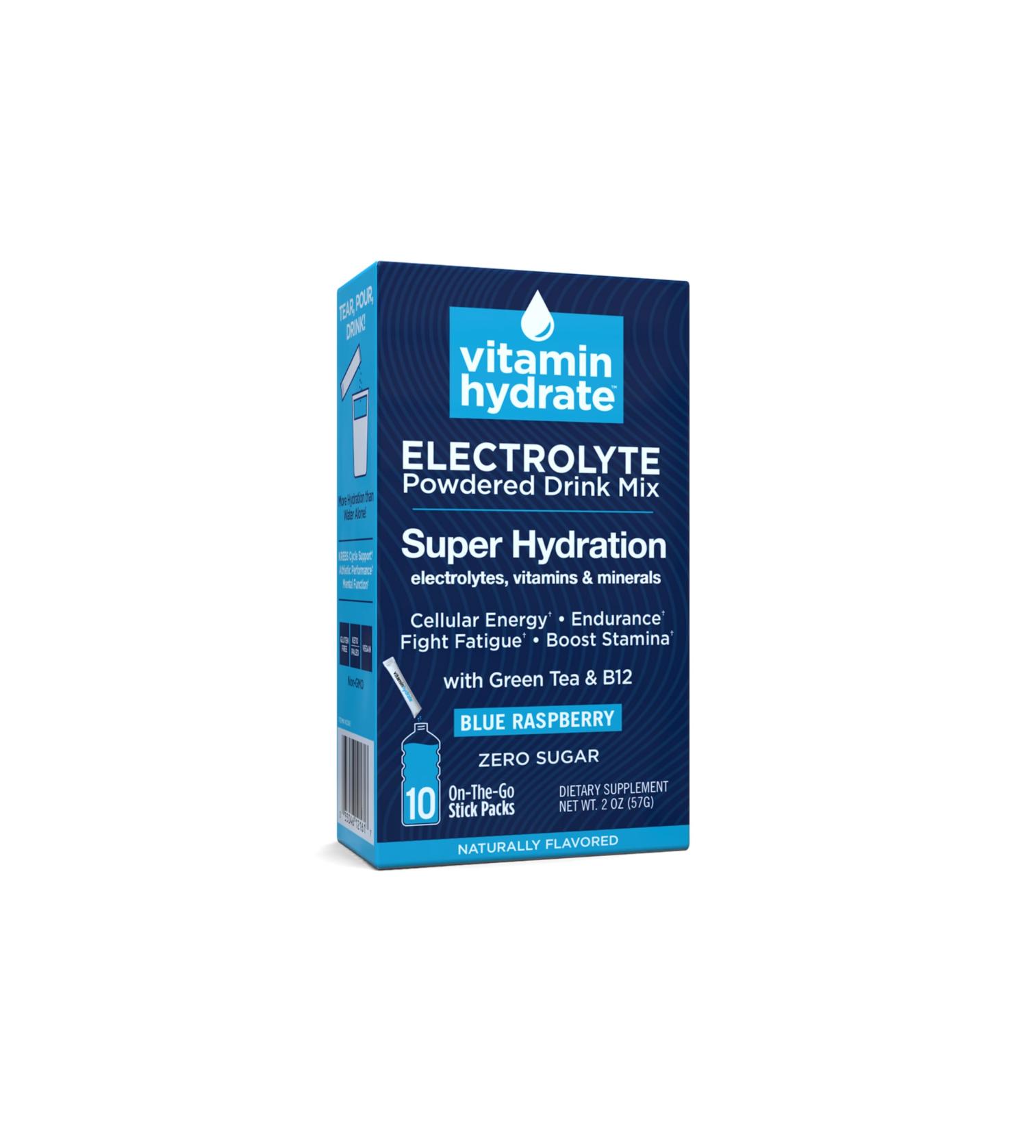 Vitamin Hydrate Electrolyte Drink Mix Super Hydration Boost Stamina 0 Sugar Blue Raspberry 10 Stick Packs - Buy Online on GoSupps.com