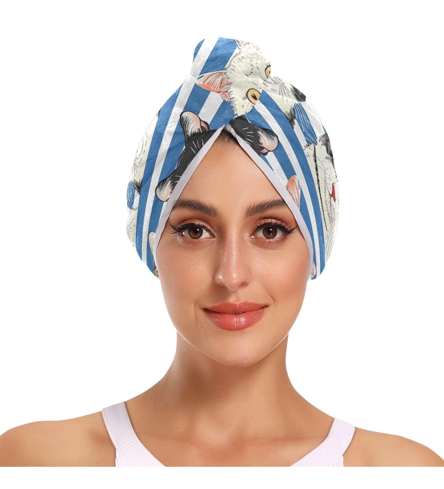 Blue White Striped Cat Hair Towel 2 Pack - Super Absorbent Quick Dry Turbans for Women & Girls - Buy Online on GoSupps.com