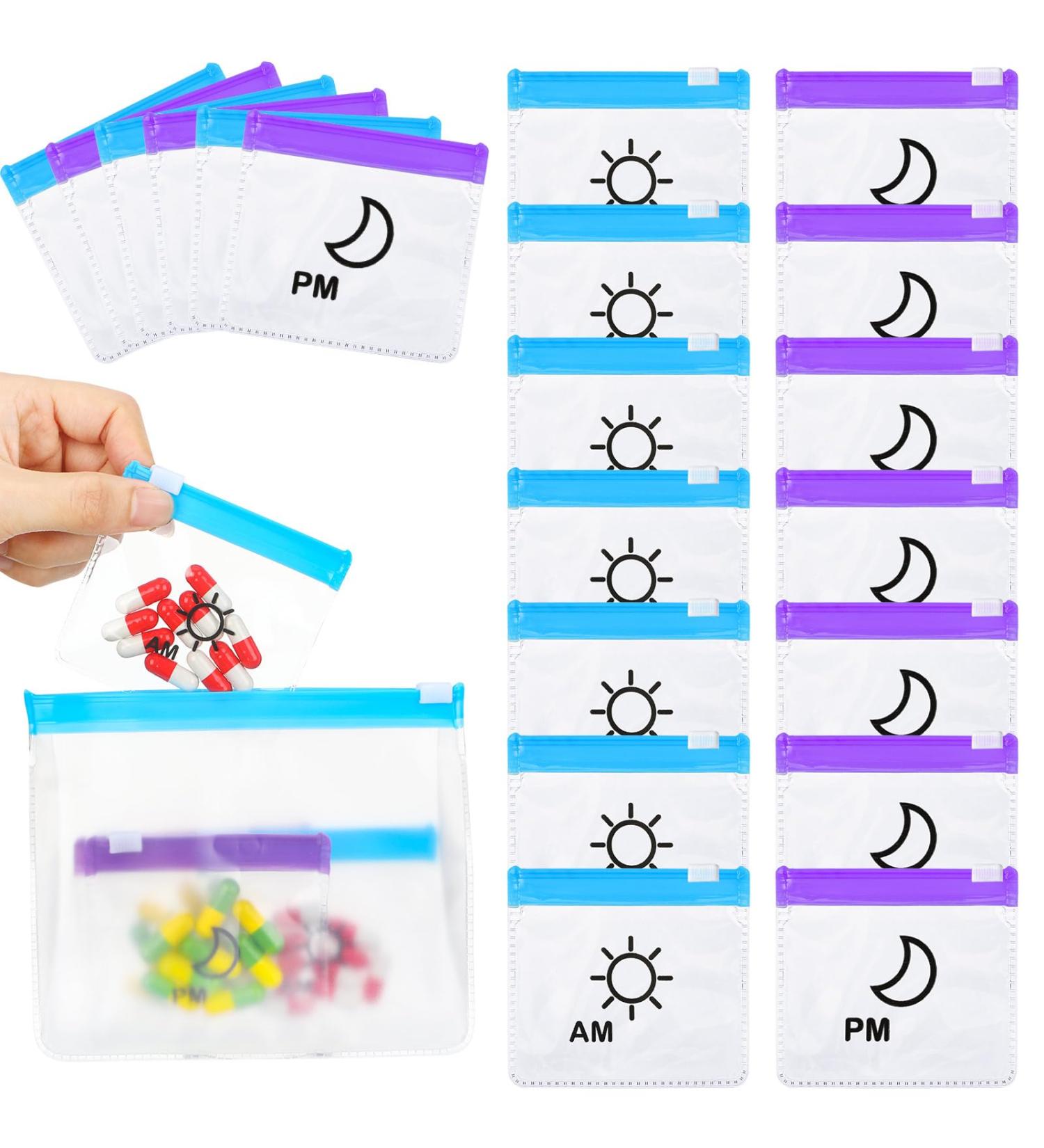 Colarr 14 Pcs AM PM Pill Pouches - Reusable Travel Pill Organizers for 7 Days - Zippered Medicine Bags with Slide Lock (Blue Purple) - Perfect for International Shipping - Buy Online on GoSupps.com