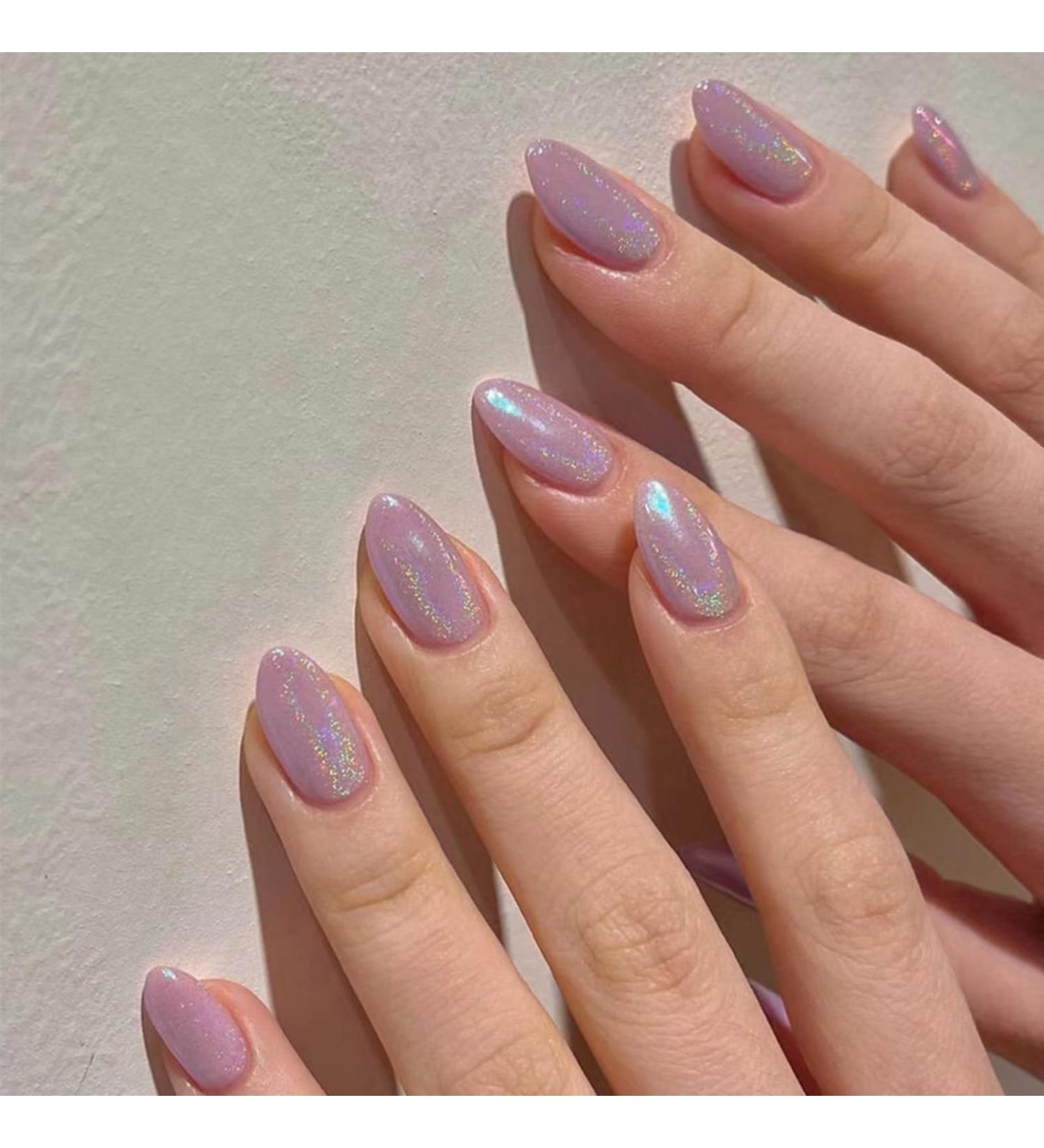 Justotry 24 Pcs Almond Glitter Pink Short False Nails | Glossy Press on Nails with Nail Glue | Stiletto Stick-on Nail Art for Women - Buy Online on GoSupps.com